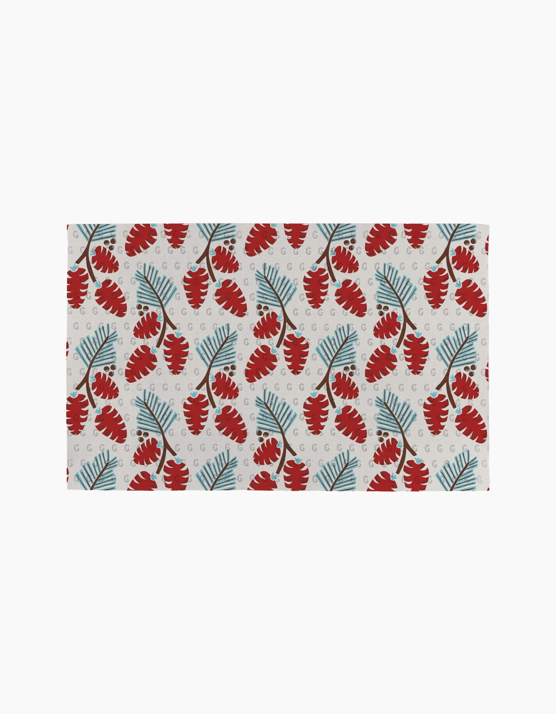 Winter Forage by * UPDATE TO ARTIST NAME OR GEOMETRY FOR IN HOUSE features a rectangular rug with red monstera and teal fern leaves on a light backdrop with gray dots—an ideal match for eco-friendly paper towels in your sustainable home.