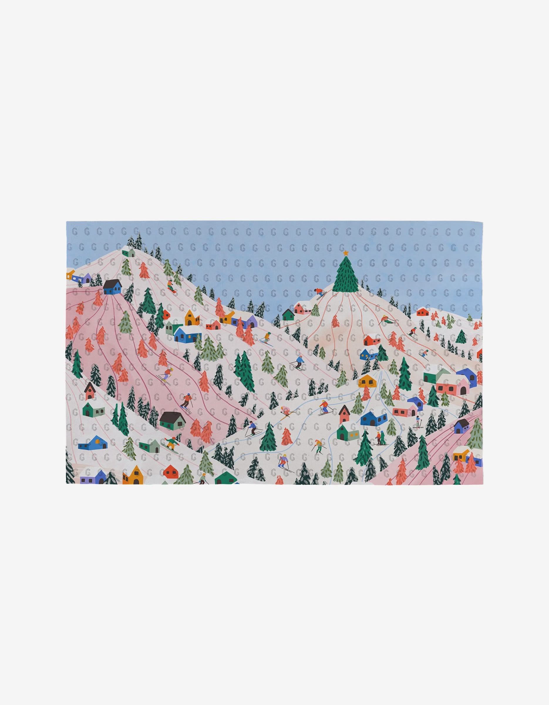 Winter Holiday by Ceyda Alasar: Illustrated snowy mountains with ski slopes, trees, and colorful houses under a blue sky with G shapes—crafted from post-consumer recycled materials.