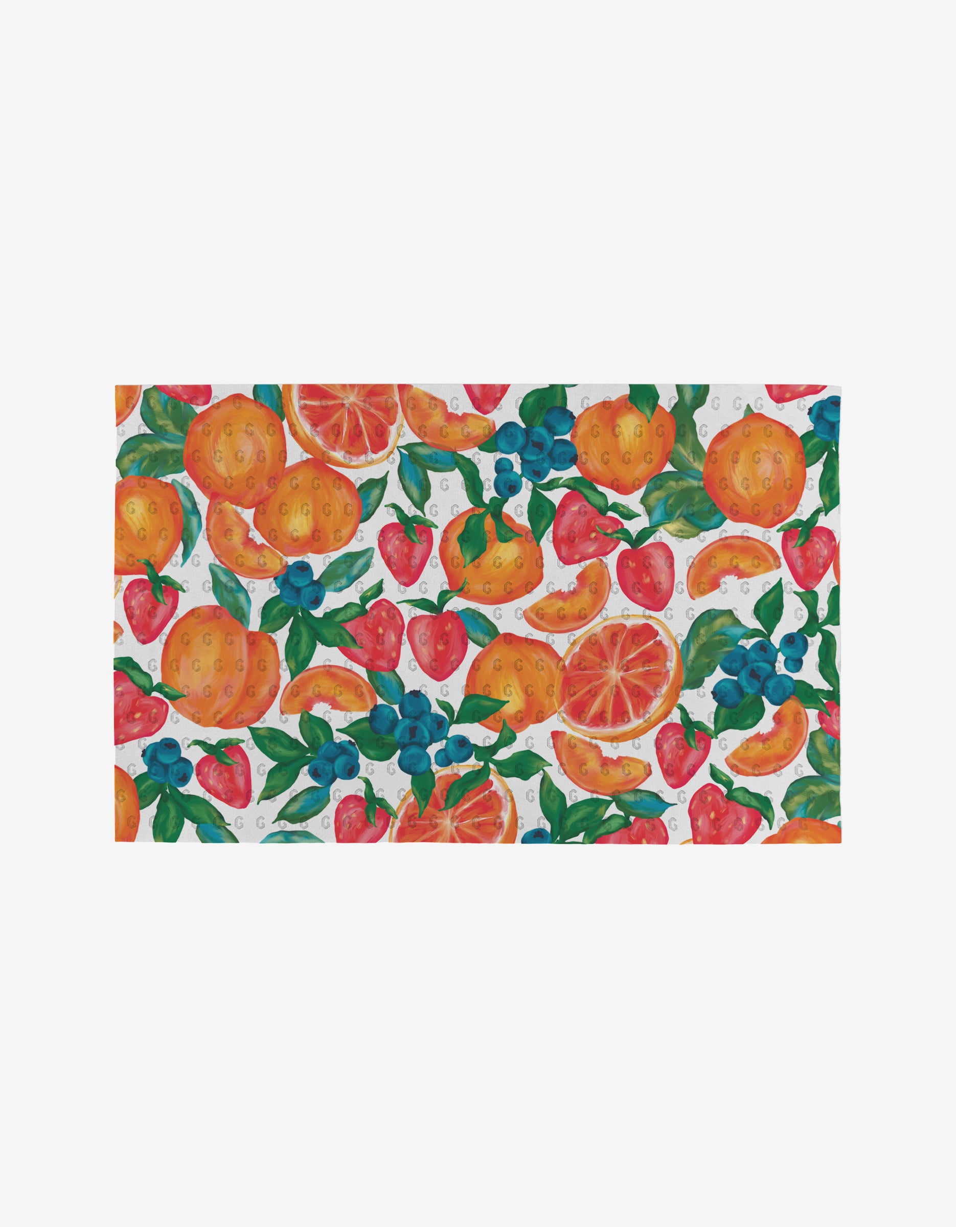 The Zesty Life by Aubrey Fairchild features a vibrant watercolor pattern of oranges, strawberries, blueberries, and grapefruit with green leaves on white. This reusable, eco-friendly design offers a colorful alternative to paper towels.