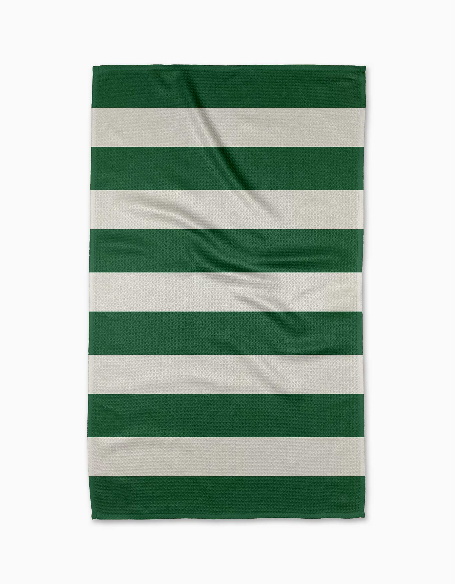 The Modern Dads Mr. Day On The Green is a rectangular tea towel with thick dark green and white horizontal stripes, made from recycled materials and shown flat on a white background.
