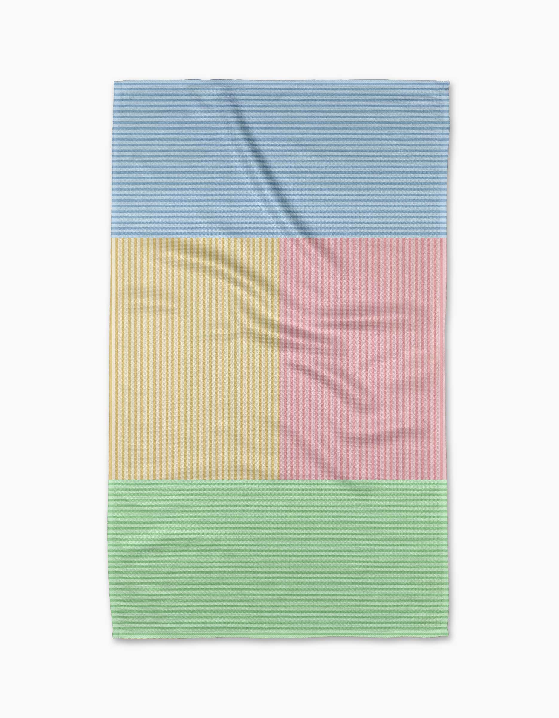 The Modern Dad’s Mr. Fun Stripes tea towel features Geoweave fabric with four rectangular color blocks—blue, yellow, pink, and green—each adorned with thin white stripes on a white background.