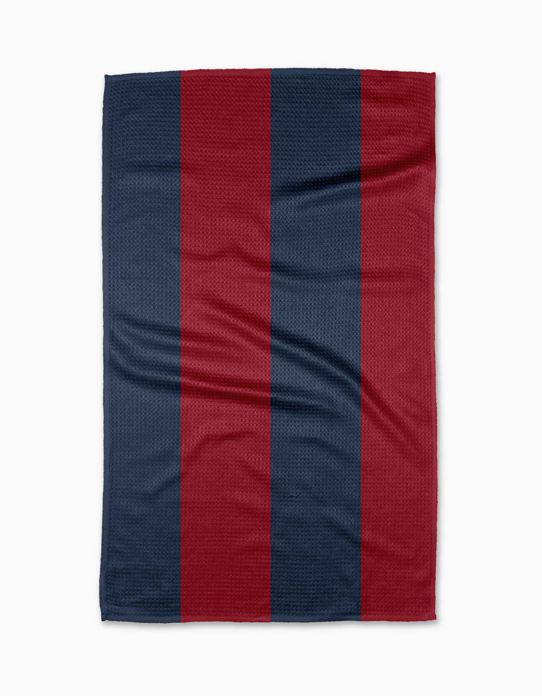 The Modern Dads Mr. Rugby tea towel showcases vertical dark red and dark blue stripes on white, made from durable Geoweave fabric.