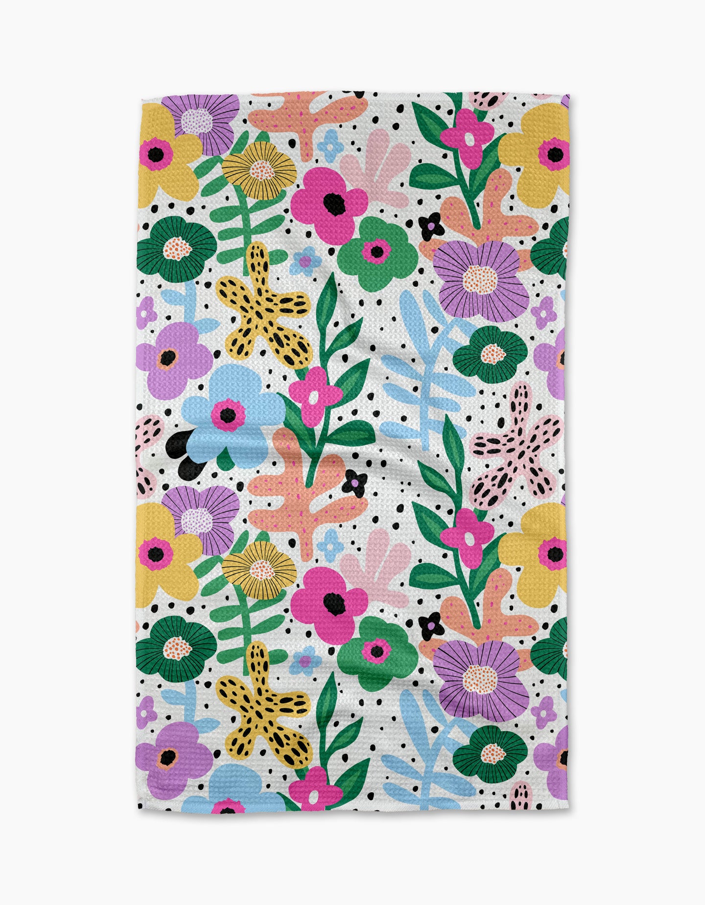 The Abstract Botanicals towel by Marina Solodka is rectangular and ultra-absorbent, featuring pink, yellow, green, and purple flowers with whimsical leaves and dots on a white background.