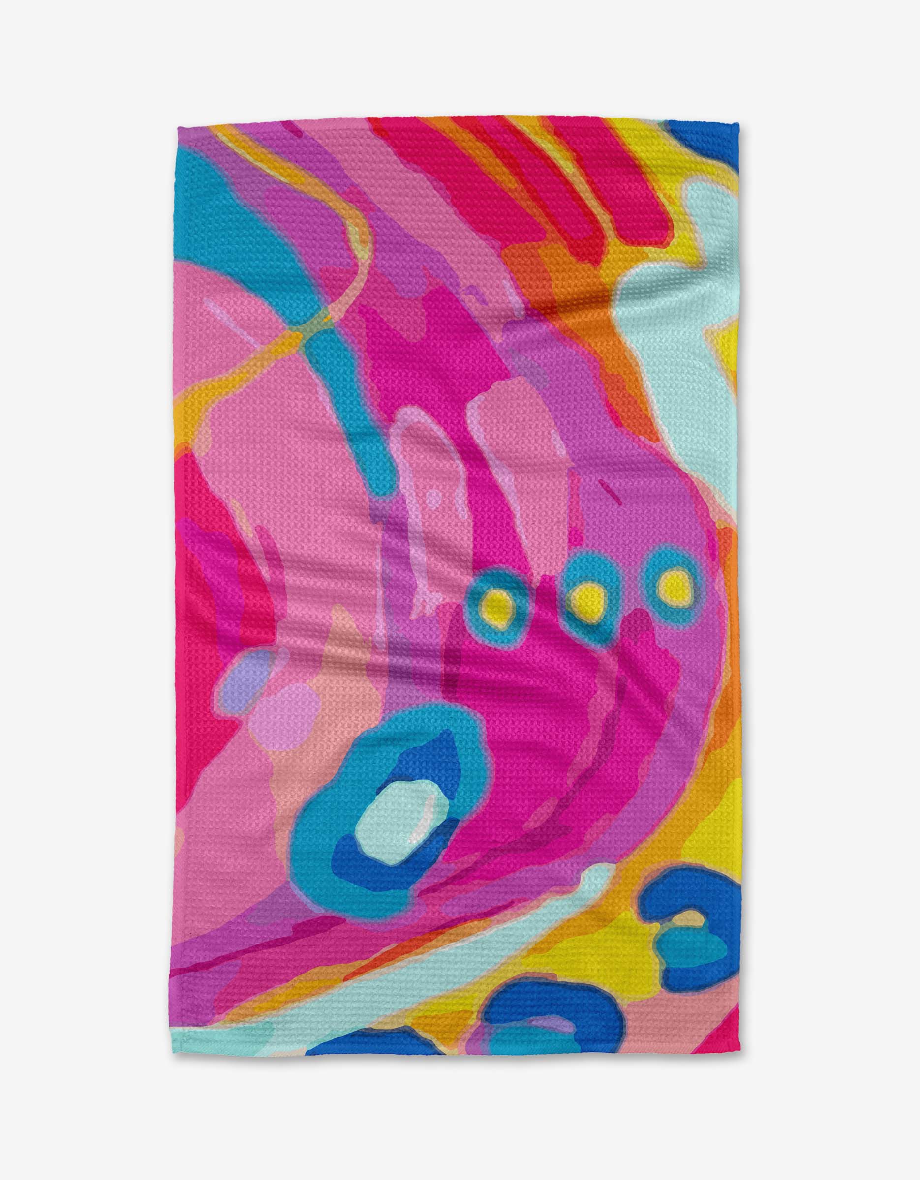 Abundance by Sareka Unique is a vibrant tea towel with swirling pink, blue, yellow, and orange shapes, layered wavy patterns, and circular accents—crafted from recycled materials for sustainable style.