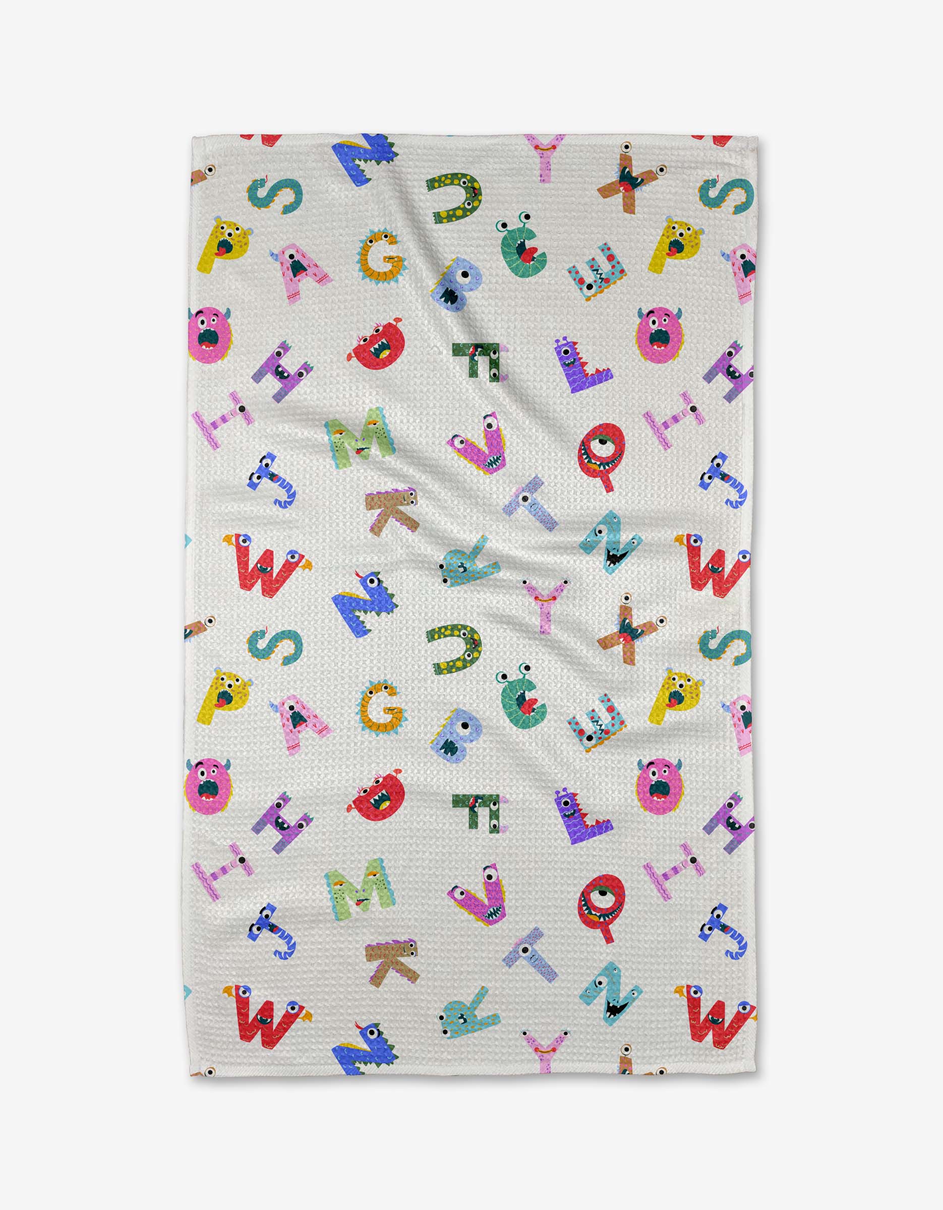 The Alphabet Monsters tea towel by Vaishali Design Studio features playful, colorful letters with cartoon faces and fun decorations—adding charm and absorbency to your kitchen.