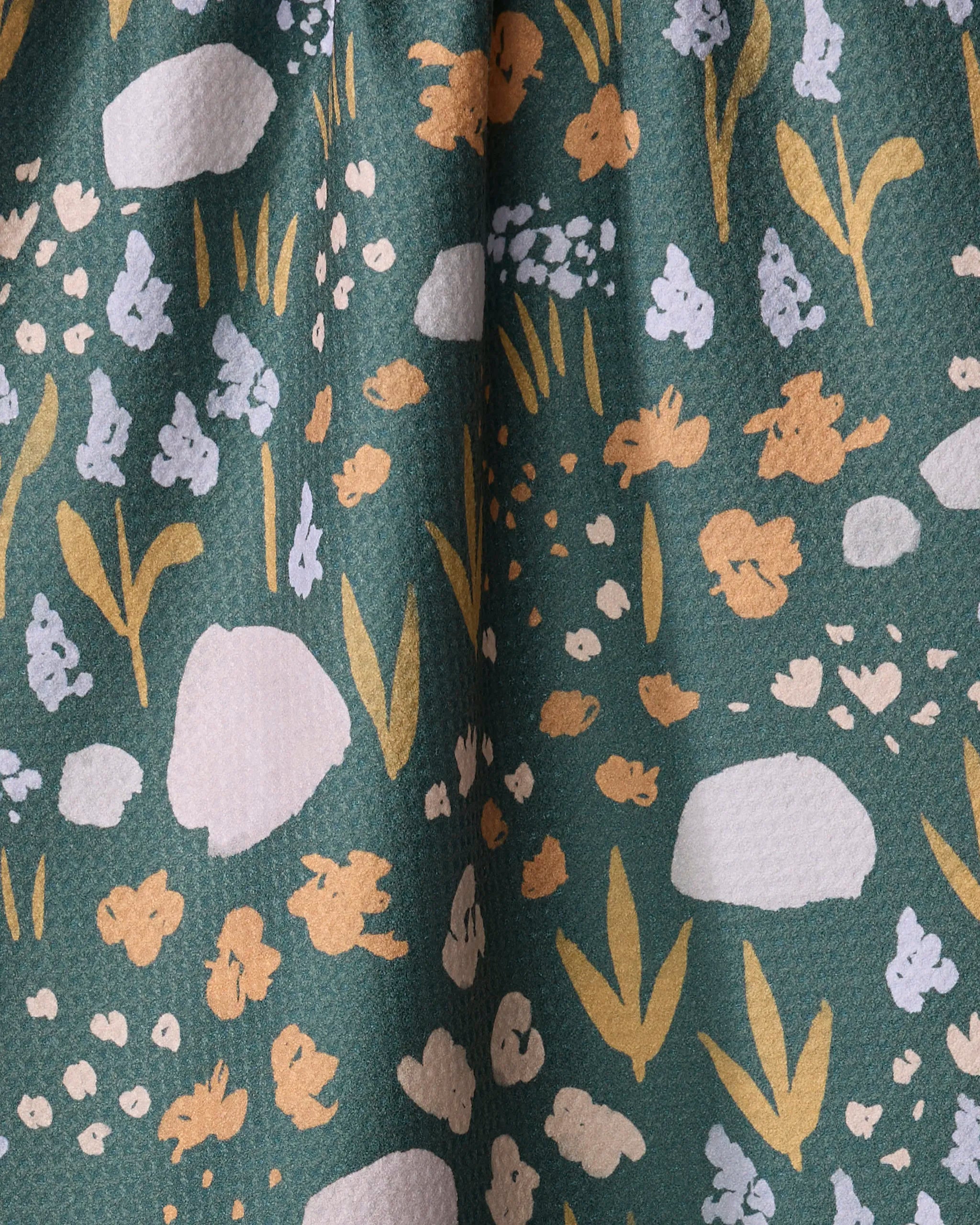 Introducing Alpine Meadow Bold by Mandy Arroyo—a green fabric kitchen tea towel with whimsical, nature-inspired white, blue, and light brown abstract florals. Made from recycled materials for an eco-friendly touch.