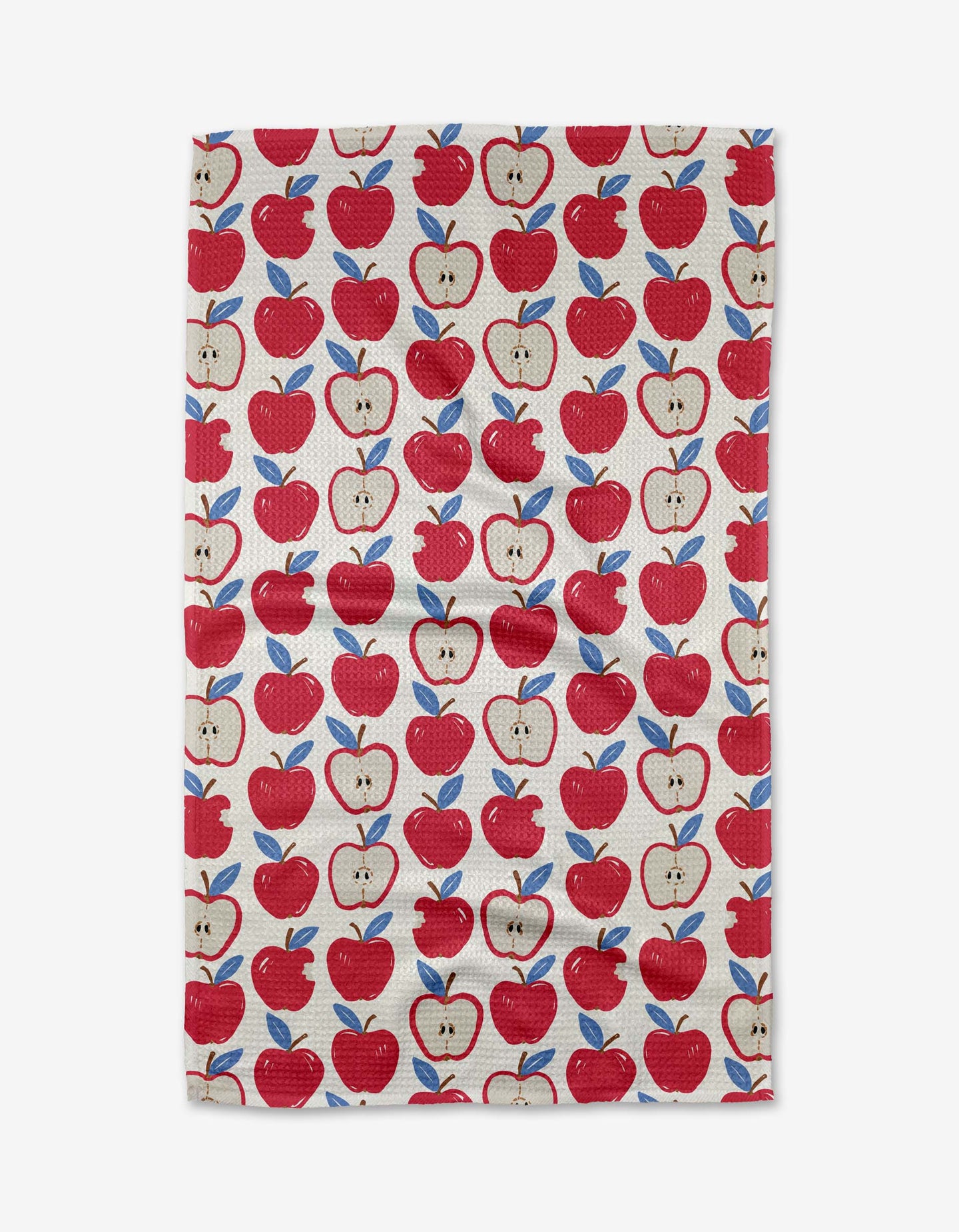 Apple A Day by Hufton Studio is a white tea towel with whole and halved red apples and blue leaves. Made from Geoweave fabric, it brings a bright, cheerful touch to any kitchen.