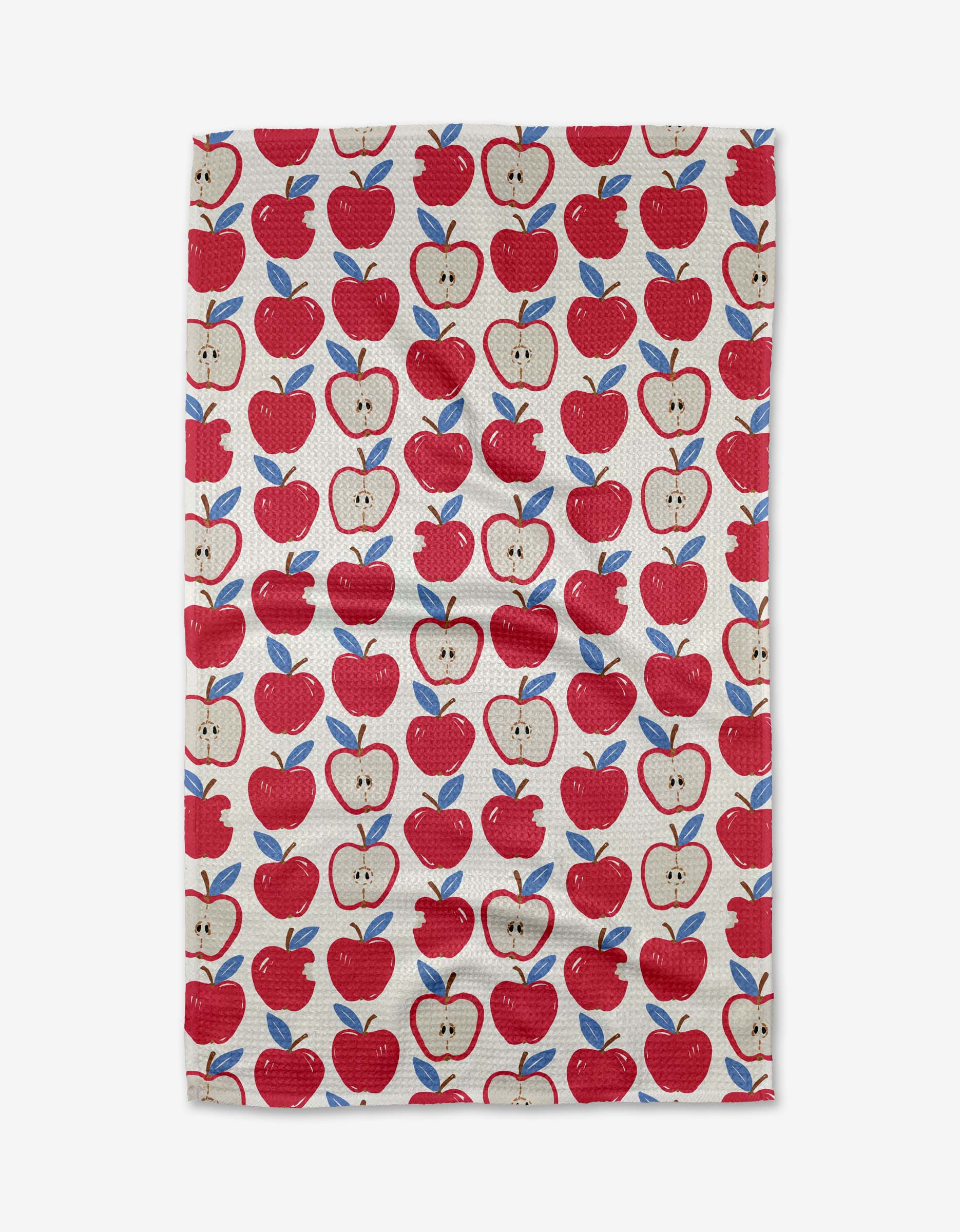 Apple A Day by Hufton Studio is a white tea towel with whole and halved red apples and blue leaves. Made from Geoweave fabric, it brings a bright, cheerful touch to any kitchen.
