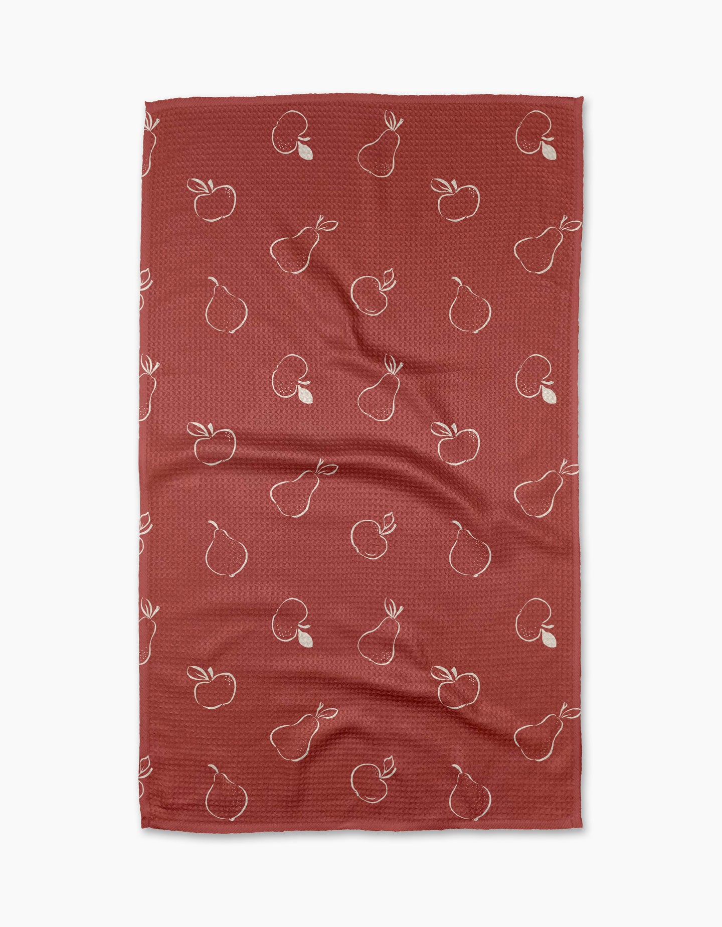 The Linda Fox Apples and Pears recycled kitchen towel features a red background with white outlined apples and pears in a repeating pattern.