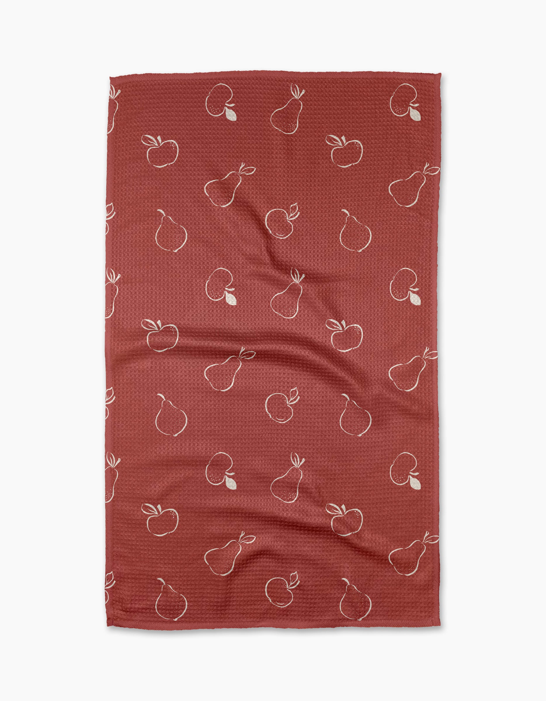 The Linda Fox Apples and Pears recycled kitchen towel features a red background with white outlined apples and pears in a repeating pattern.