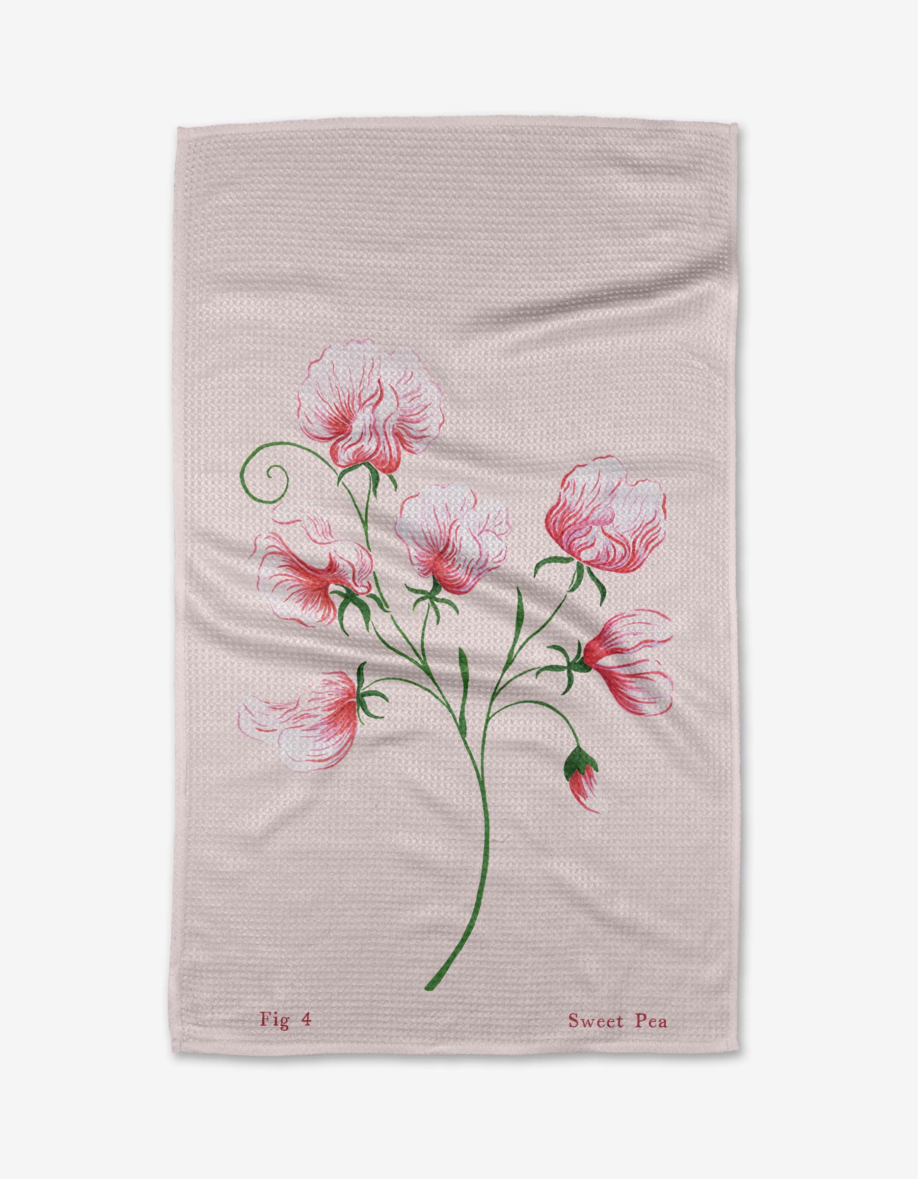 The April Sweet Pea Tea Towel by Linda Fox is light pink, made from recycled materials, and features a sweet pea plant with pink and white flowers, Fig 4 on the bottom left, and Sweet Pea on the bottom right.