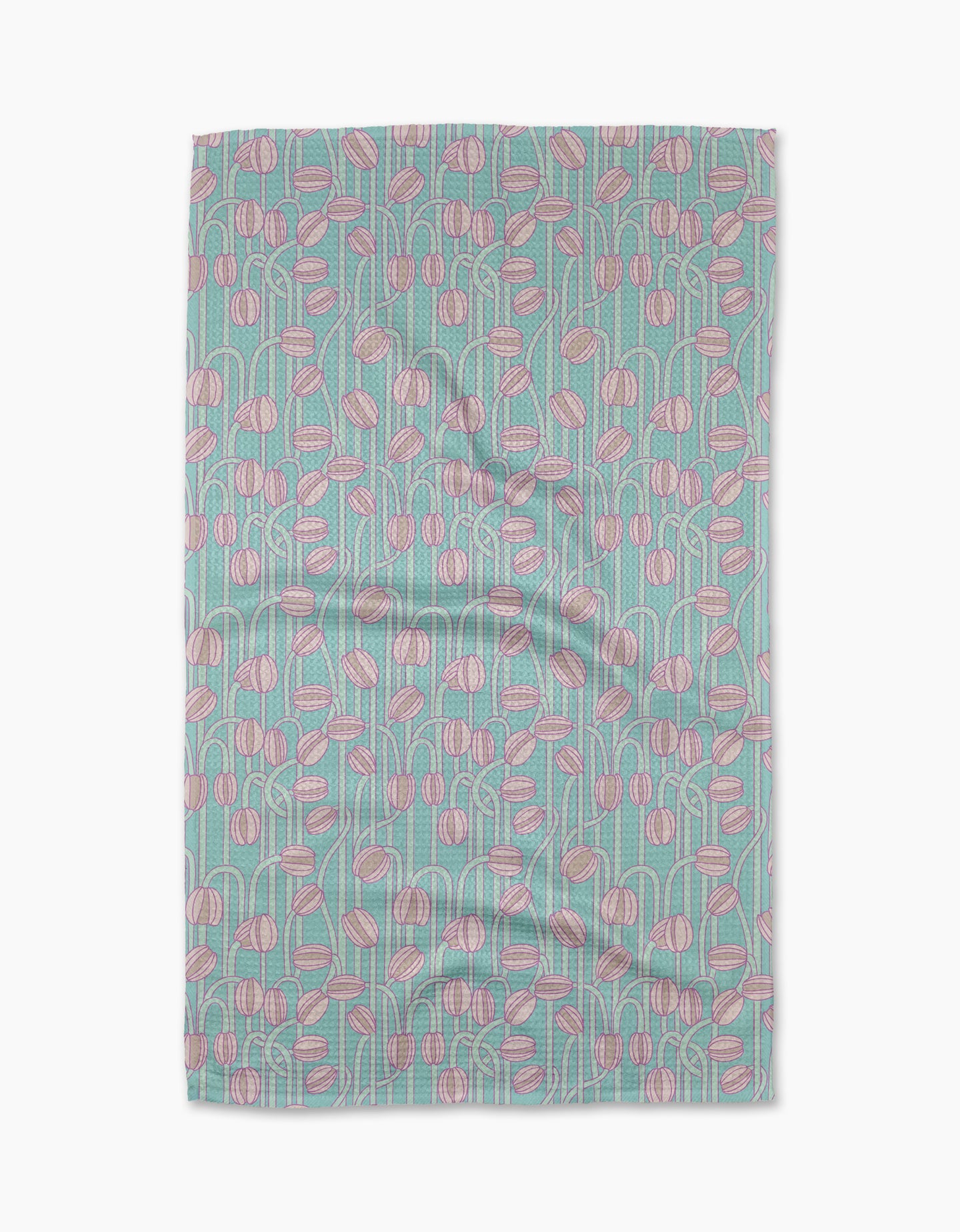 The Aqua Poppy Pods tea towel by Katie OShea is rectangular, crafted from recycled materials, and features pink and white abstract flowers with green stems on a light blue background. The slightly wrinkled fabric lies flat against a white surface.
