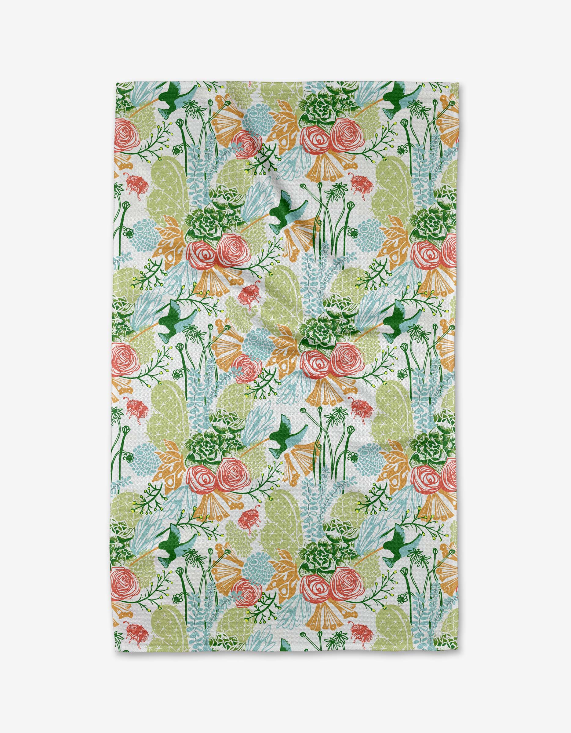 The Arizona Spring Tea Towel by Elisabeth Wing showcases a vibrant floral pattern with green leaves, orange and yellow flowers, and pink roses on white Geoweave fabric for softness and absorbency.