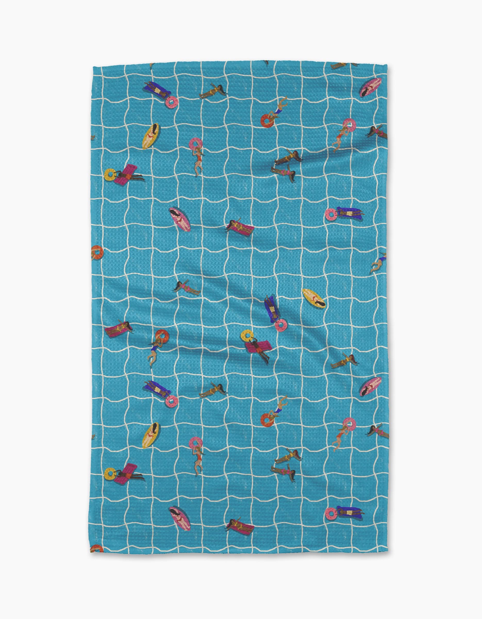 The Geometry At The Pool beach towel features a blue and white grid design with colorful poolside illustrations, made from ultra-absorbent Geoweave fabric for quick drying and comfort.