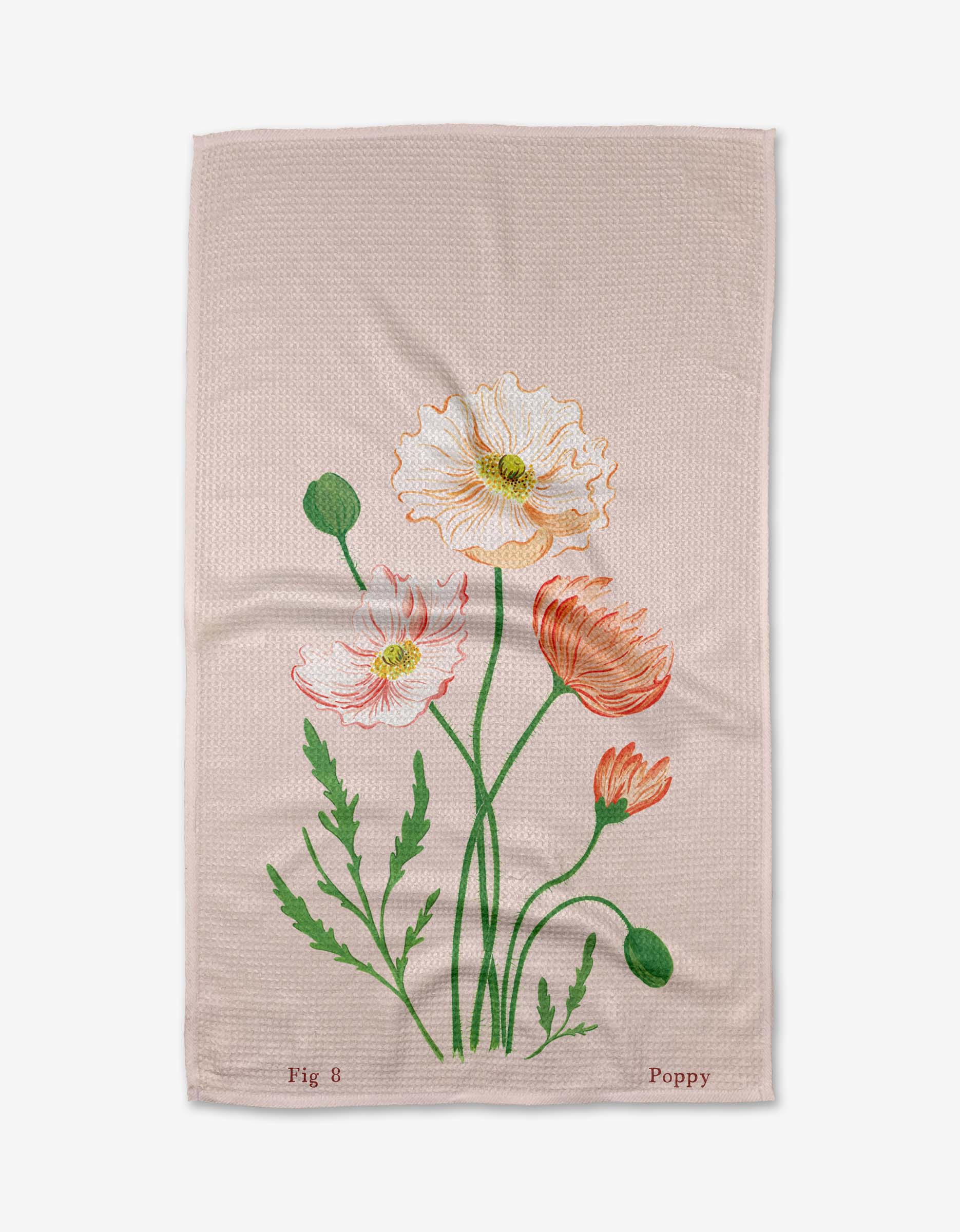 The August Poppy Tea Towel by Linda Fox features pink and white poppies with green stems on beige Geoweave fabric. Fig 8 and Poppy are printed at the bottom. Premium Geoweave ensures superior absorbency.