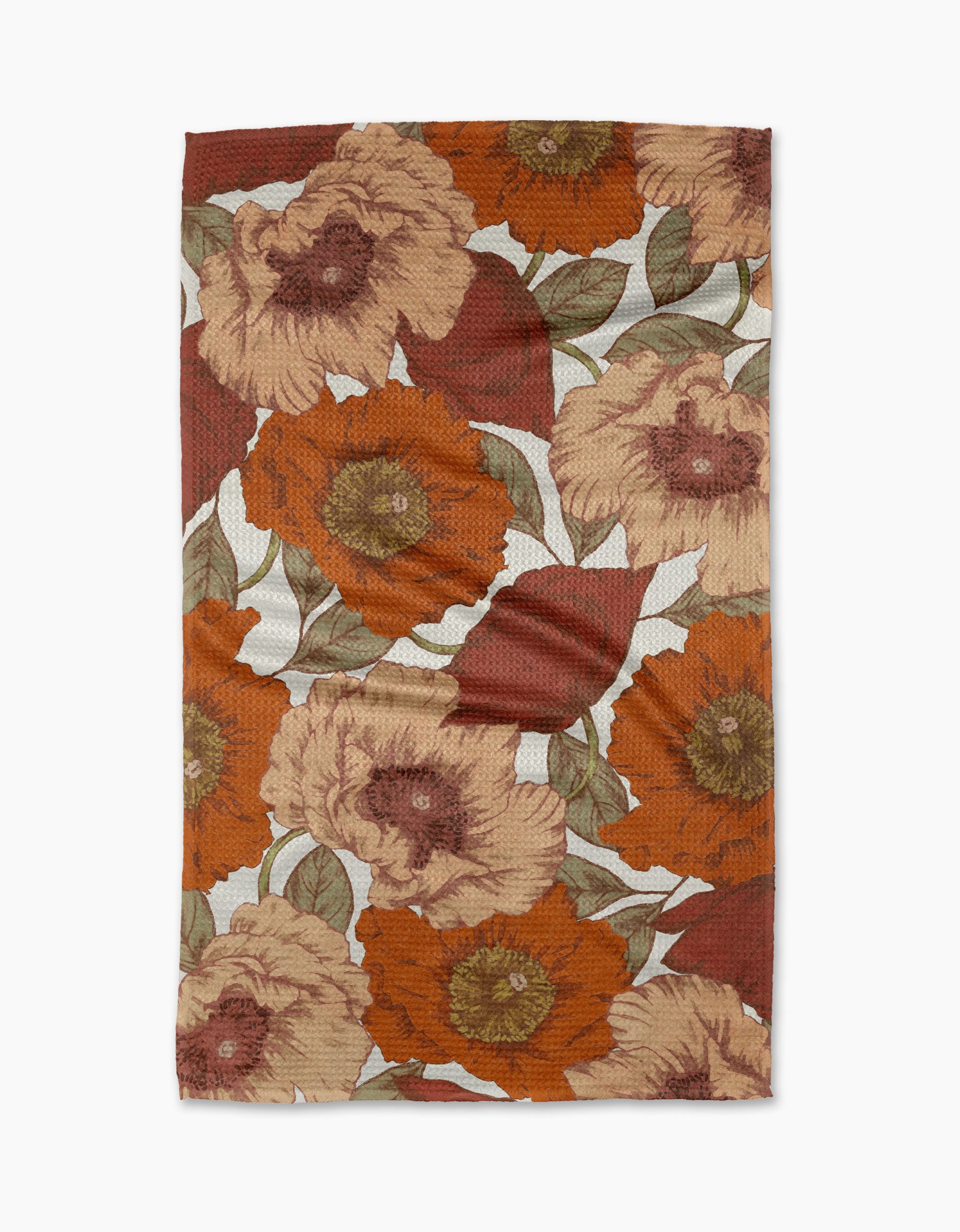 The "Autumn Petals" kitchen towel by Ashley Reeves features large, overlapping rust, brown, and tan flowers with green leaves on a light background. Made from recycled materials for an eco-friendly touch.