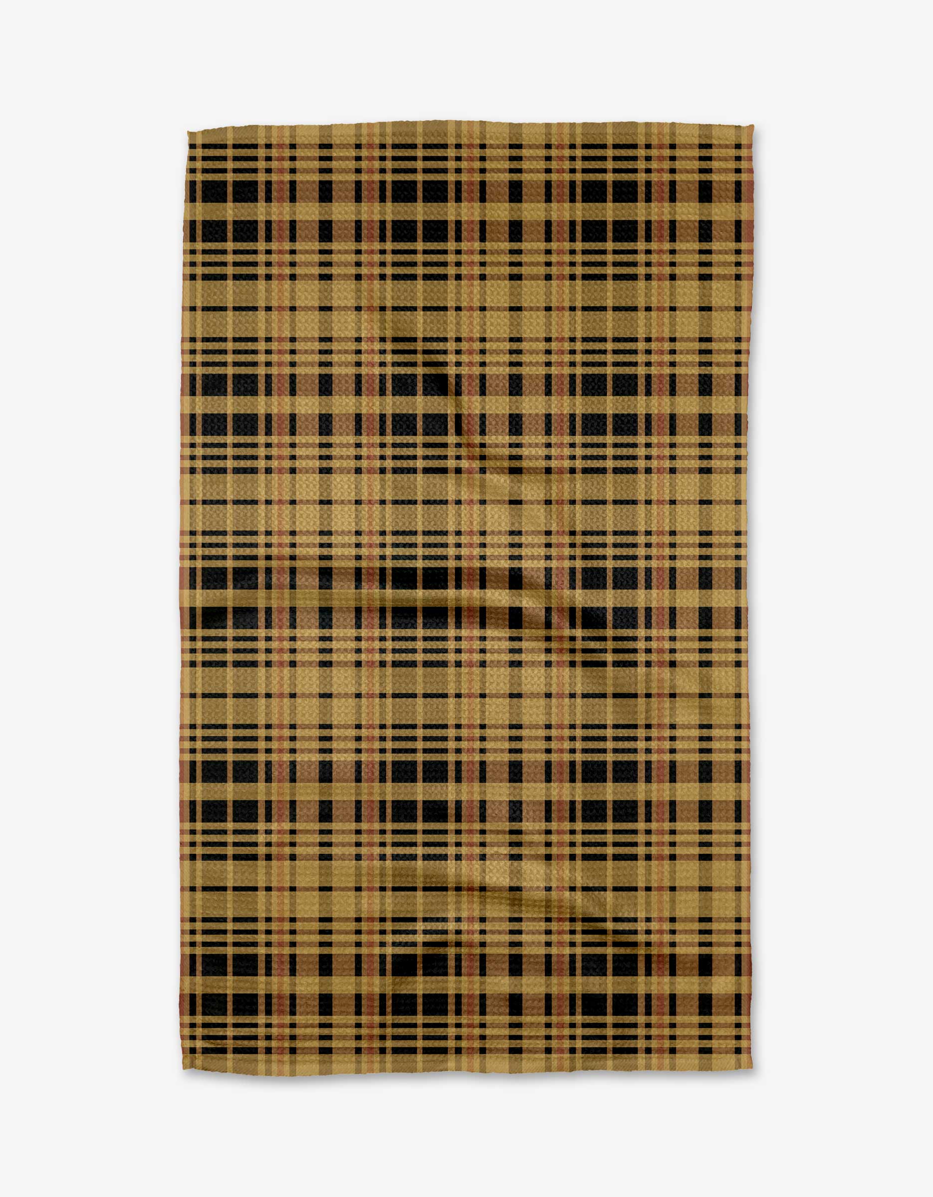 The Autumn Plaid mat by Danelys Sidron features a tan base with black, brown, and red plaid, crafted from recycled materials and shown flat on a white surface.