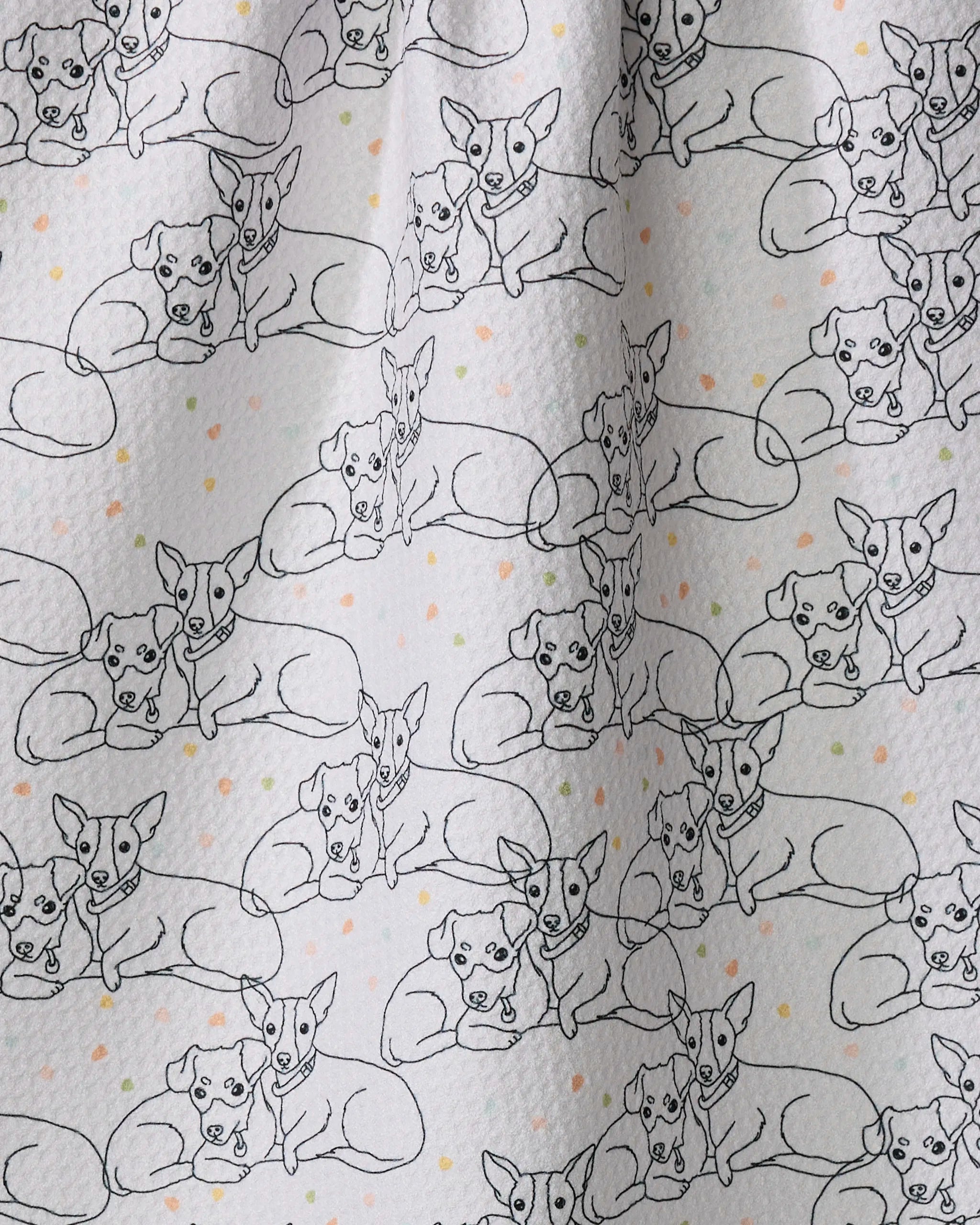 Berry and Louie by Sweet Simple Vegan is a quick-drying fabric featuring two dogs lying down in a repeating black line pattern on white with pastel dots—ideal for tea towels.