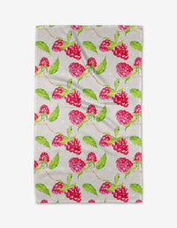 The Elena Fay Berry Bright tea towel features a watercolor-style pattern of vibrant pink raspberries and green leaves on white Geoweave fabric, ensuring superior absorbency.