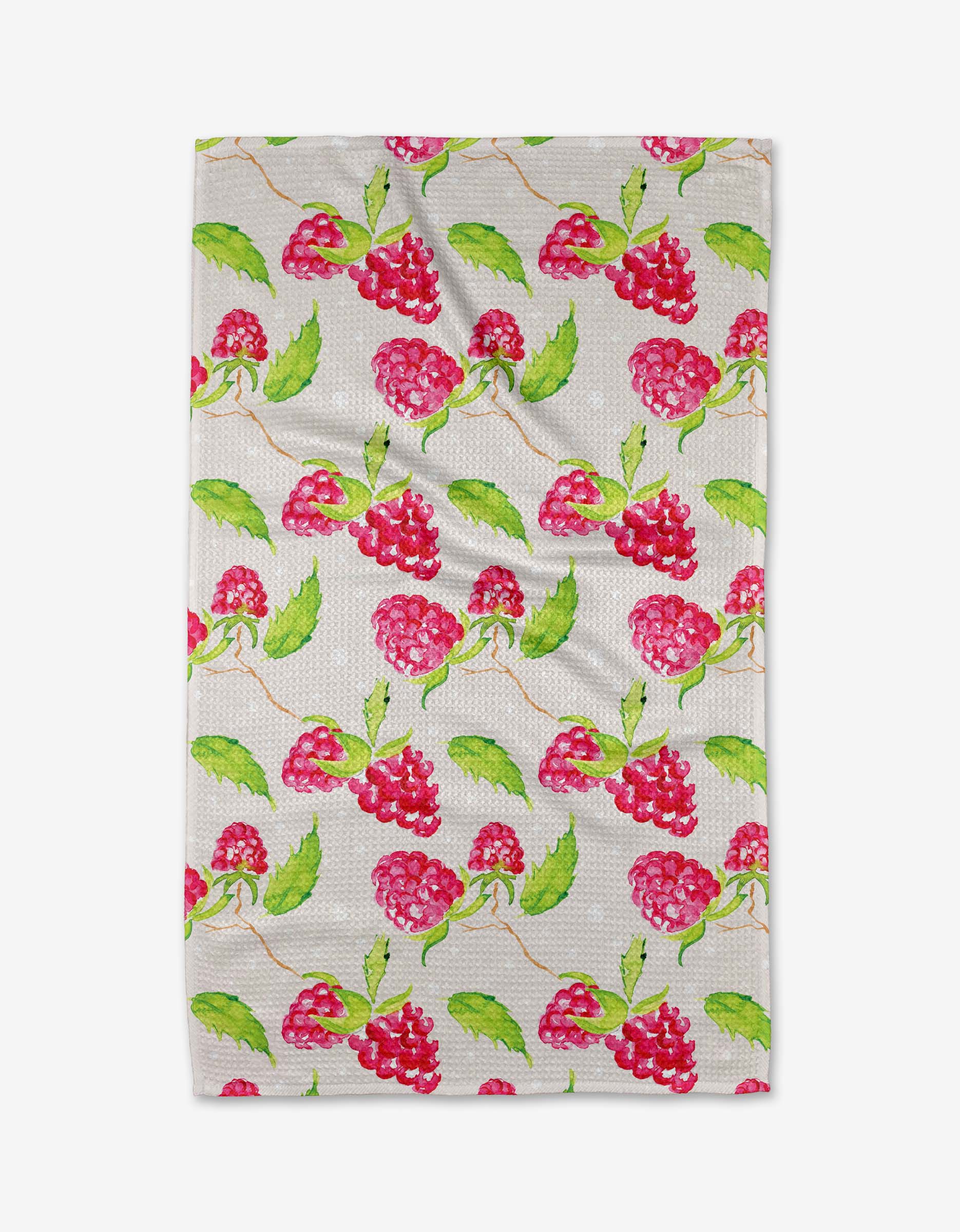 The Elena Fay Berry Bright tea towel features a watercolor-style pattern of vibrant pink raspberries and green leaves on white Geoweave fabric, ensuring superior absorbency.