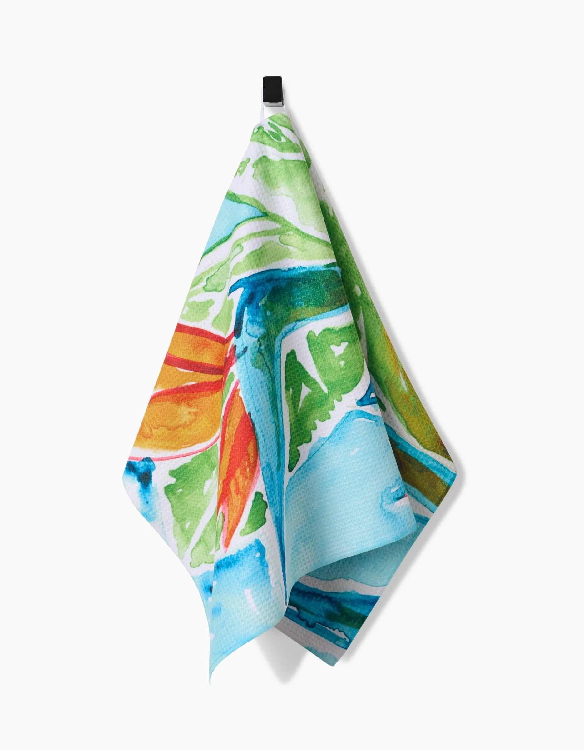 The Skye Walker Bird Of Paradise Tea Towel features a vivid abstract watercolor design in blue, green, orange, and red on white Geoweave™ fabric, and hangs from a black loop.