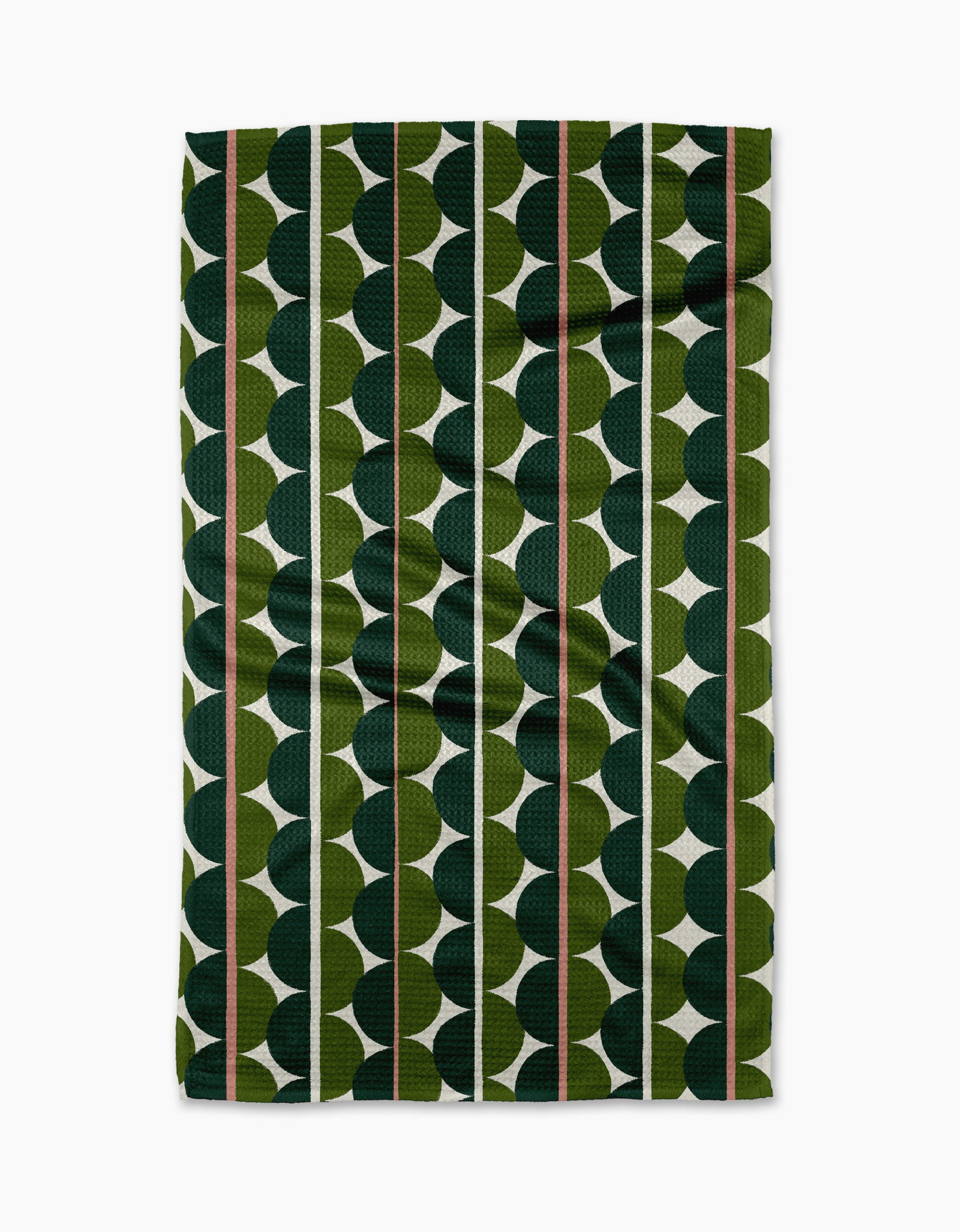 The "Blockprint Eclipse" tea towel by Rachel Parker features a modern geometric design with dark green, olive green, and white semicircles and stripes. Its slightly wrinkled fabric adds charm to this quick-drying kitchen essential.