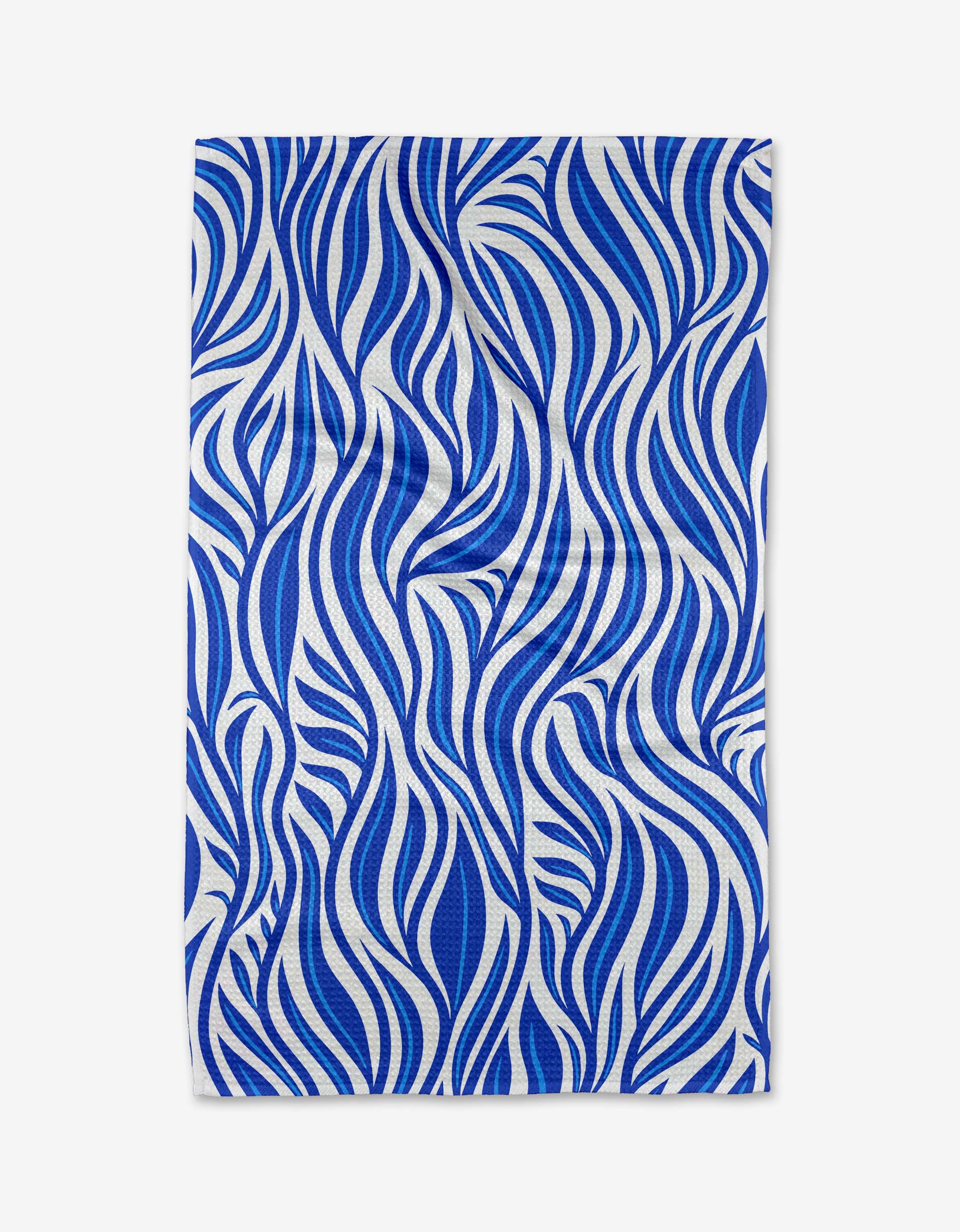 The Blue Willow Wave by Rachel Parker is a rectangular quick-drying towel featuring a bold blue and white wavy abstract pattern on a plain white background.