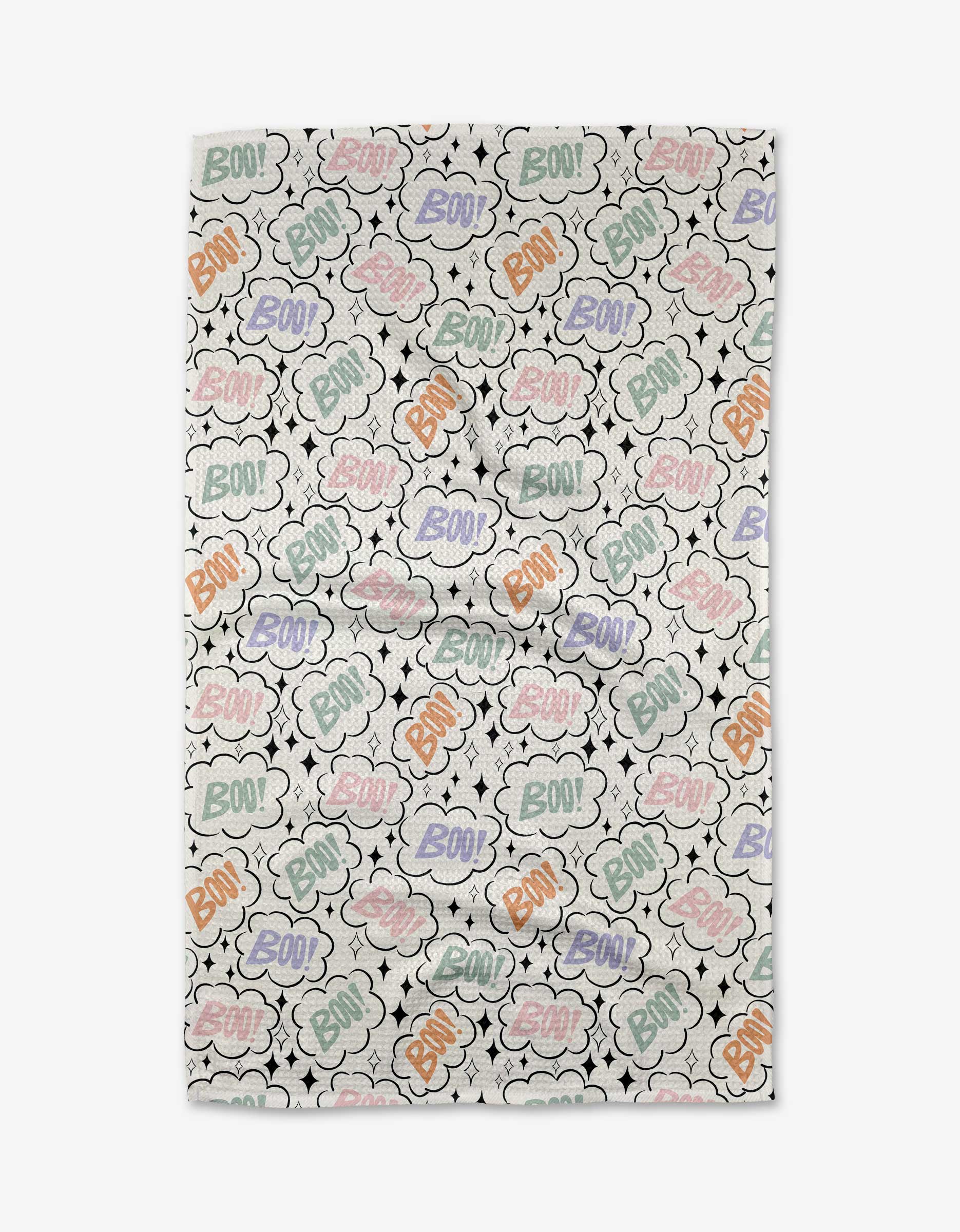 The Boo Burst kitchen towel by Charlie Rowan Designs features vibrant comic-style BOO! text in orange, green, purple, and blue speech bubbles with black stars on white. Made from recycled materials for an eco-friendly touch.