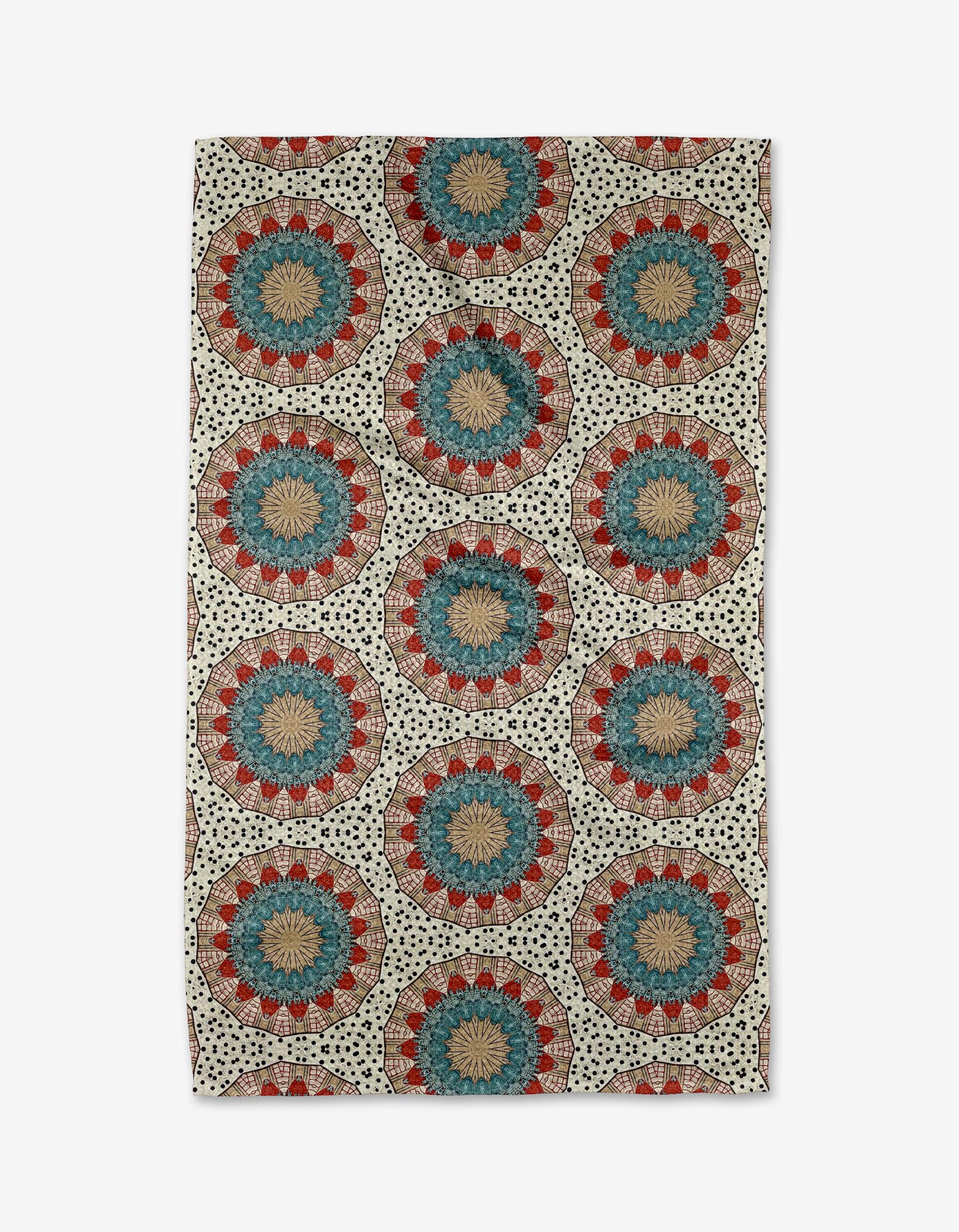 The Katherine Berkeley Bottle Cap Boogie Woogie is a rectangular recycled kitchen towel featuring a repeating circular mandala pattern in teal, red, and beige on a cream background with small black dots.