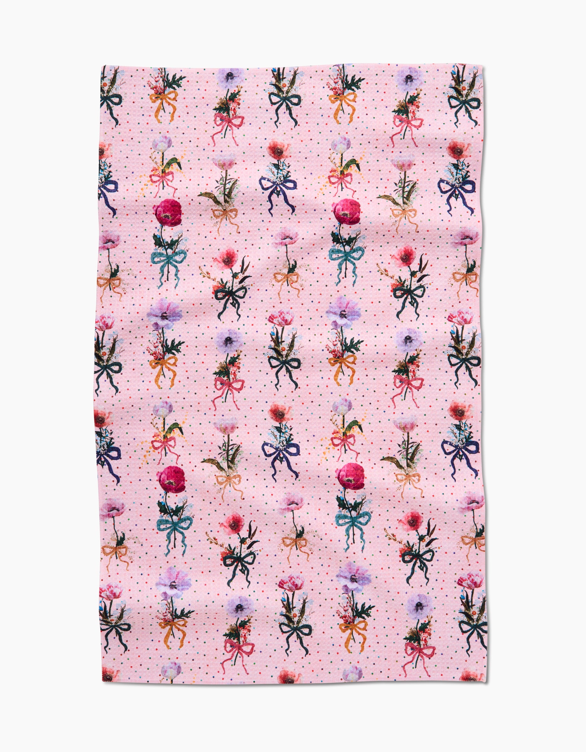 Bows and Dots by Pascale Dilger is a pink Geoweave fabric with a repeating pattern of colorful octopuses, coral, and neat rows of small red dots scattered across the background.