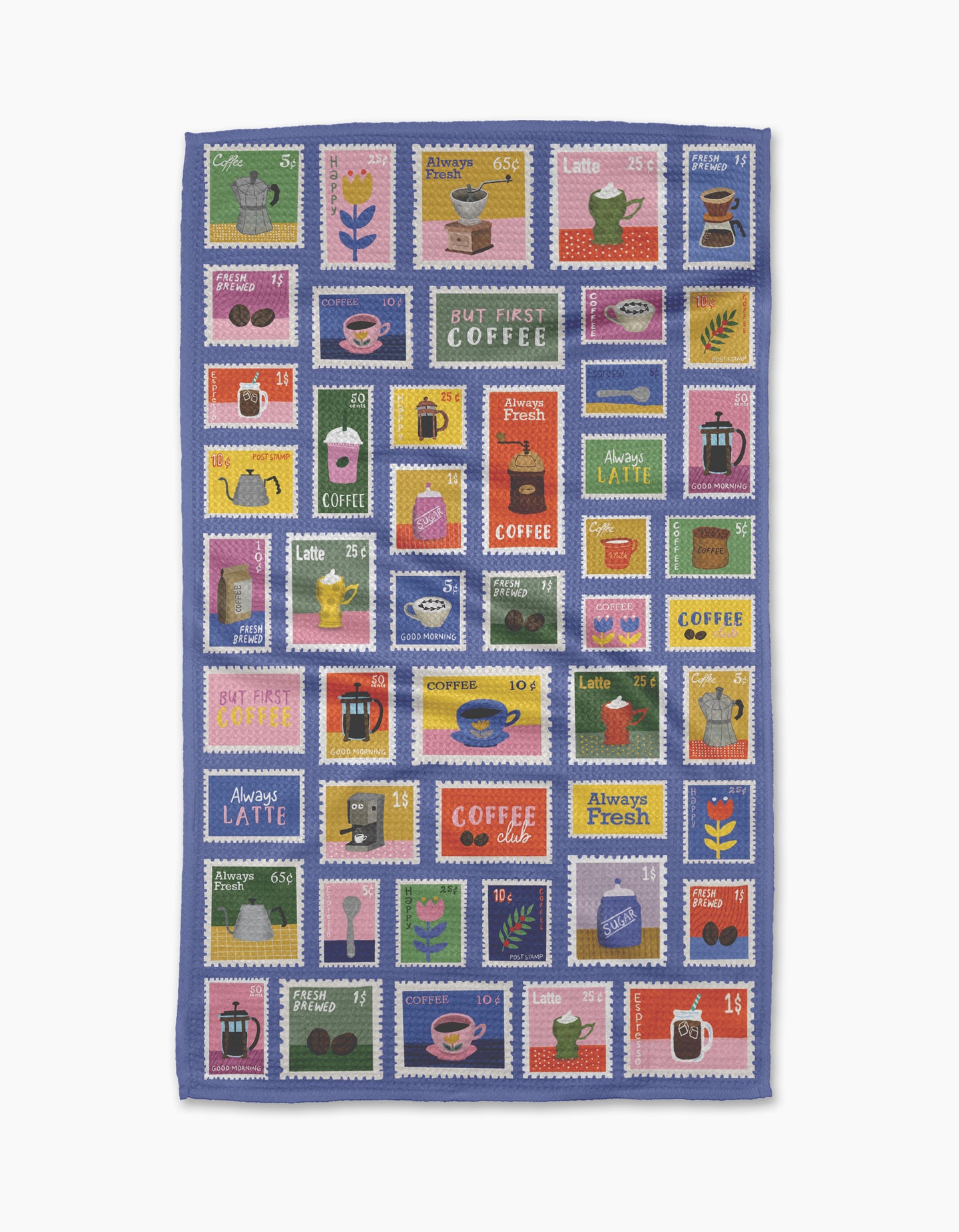 The Brewed By Mail tea towel from Cottonflower Studio features coffee-themed postage stamp designs and phrases like Latte and But First, Coffee. Made from recycled materials, this ultra-absorbent towel brightens your kitchen routine.