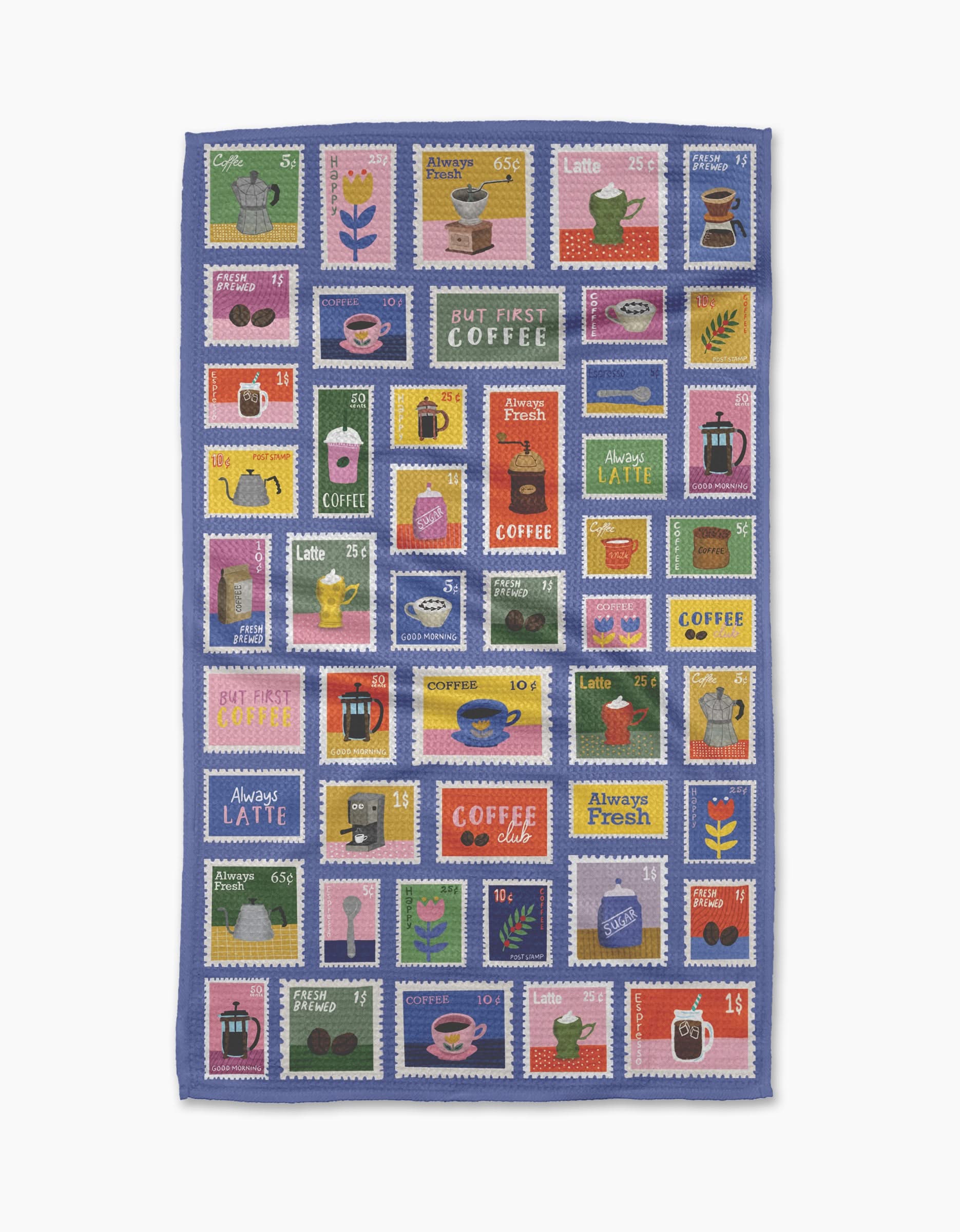 The Brewed By Mail tea towel from Cottonflower Studio features coffee-themed postage stamp designs and phrases like Latte and But First, Coffee. Made from recycled materials, this ultra-absorbent towel brightens your kitchen routine.