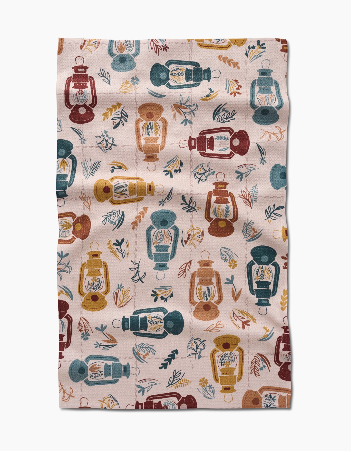 Bright Spot by Twig + Spark is a cozy fabric with vintage lanterns in red, yellow, blue, and teal alongside small leaves and branches on light beige—a perfect choice for a kitchen tea towel.