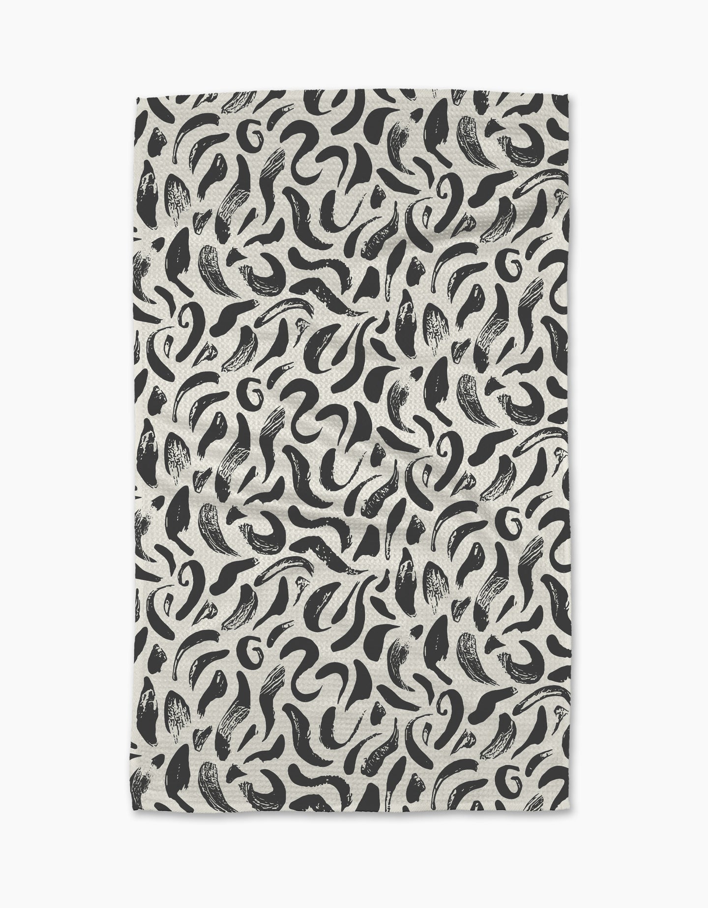 The Brush Strokes Swirls tea towel by Sarah Daugherty features a black and white abstract pattern on an off-white background. Made from recycled materials, it offers a stylish and sustainable choice for your kitchen.