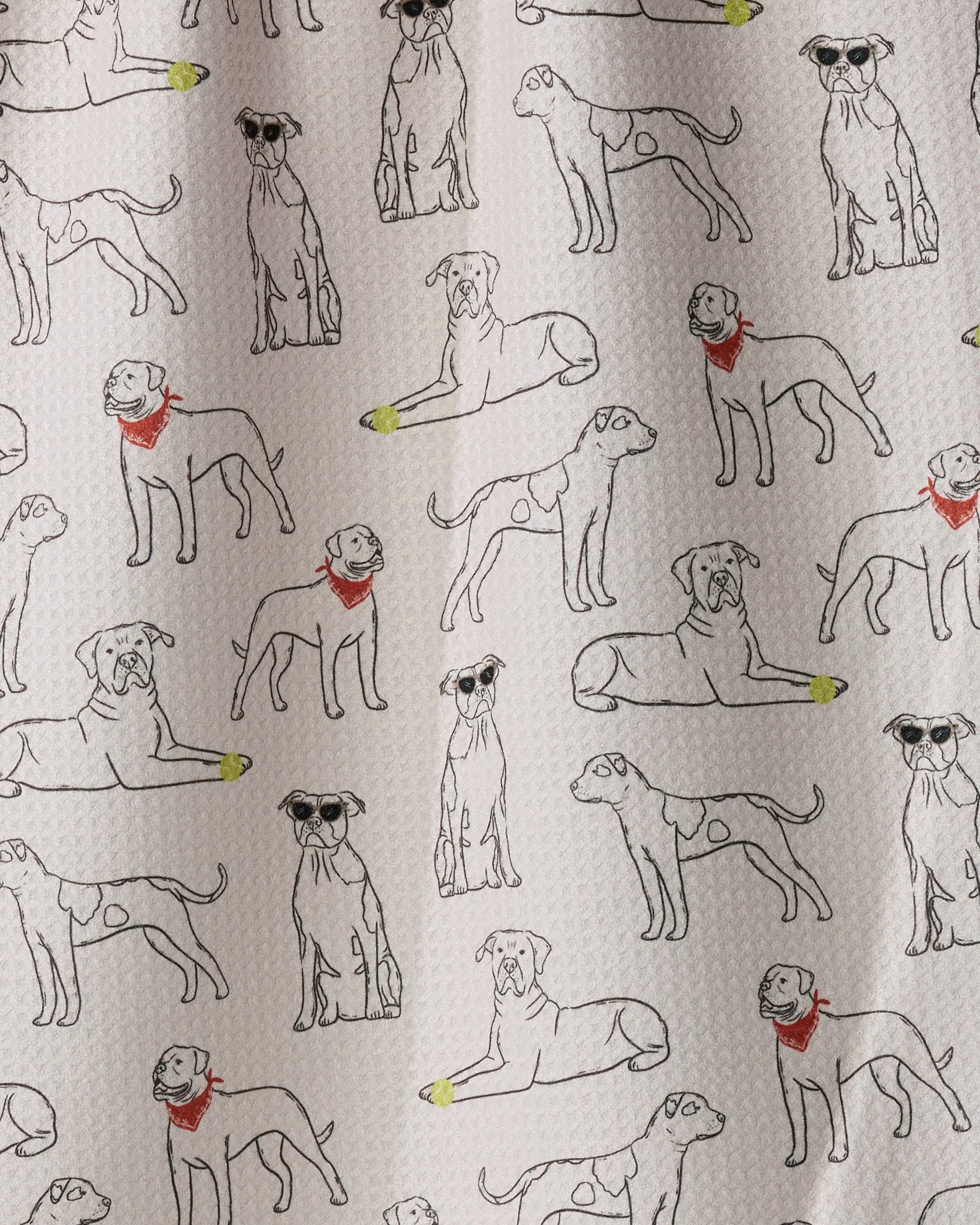 Bulldog Buddies by Geometry features line drawings of bulldogs in various playful poses on a textured white background. Some bulldogs sport red bandanas or chic sunglasses, while others have yellow-colored paws. This fun, repeating pattern makes it the perfect choice for a recycled kitchen towel or highly absorbent dish towel.