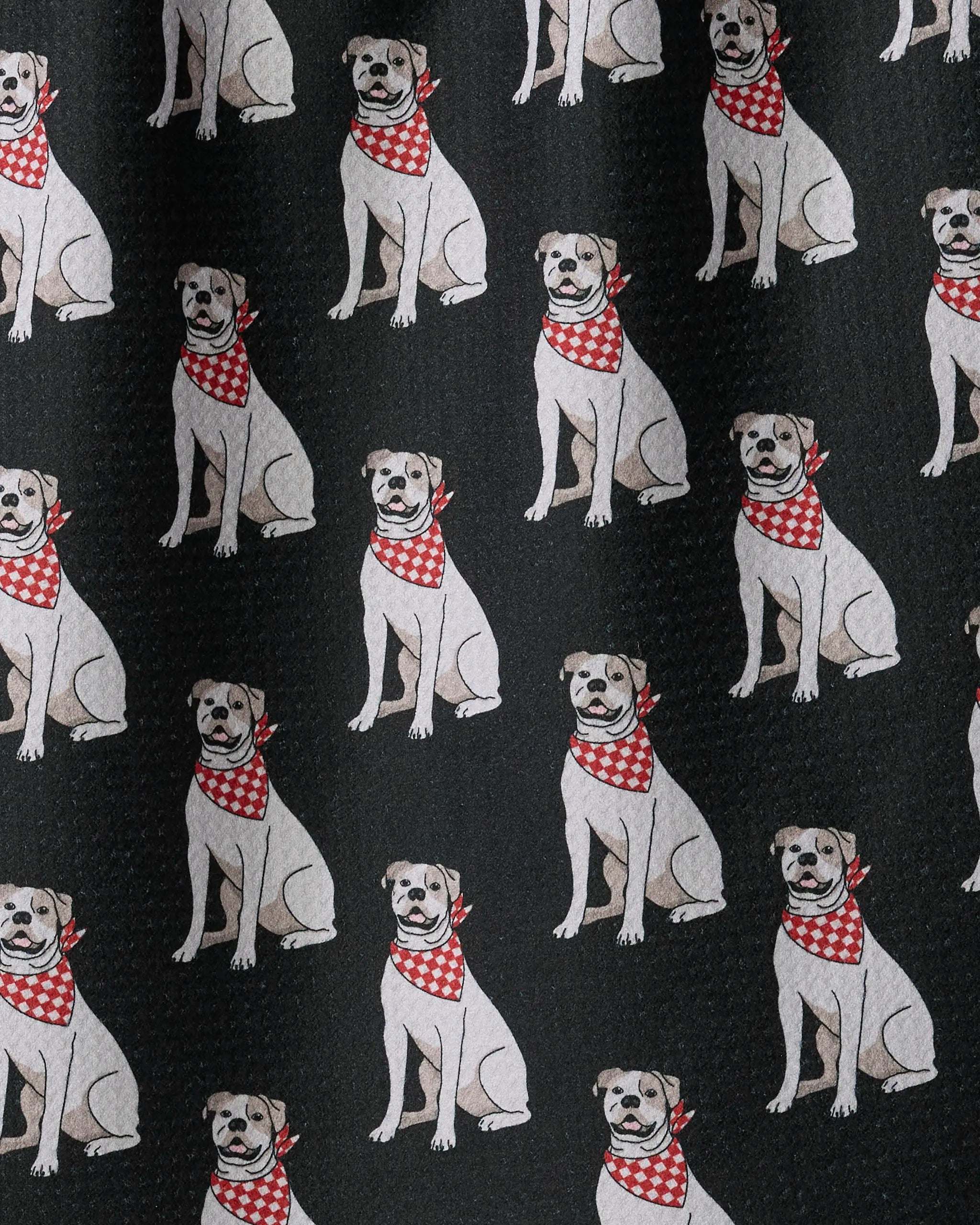 Featuring the Bulldog Club pattern by Geometry, this stylish tea towel showcases a light-colored dog sporting a red and white checkered bandana, repeated on a dark fabric background—crafted from quick-drying, recycled materials for both function and flair.