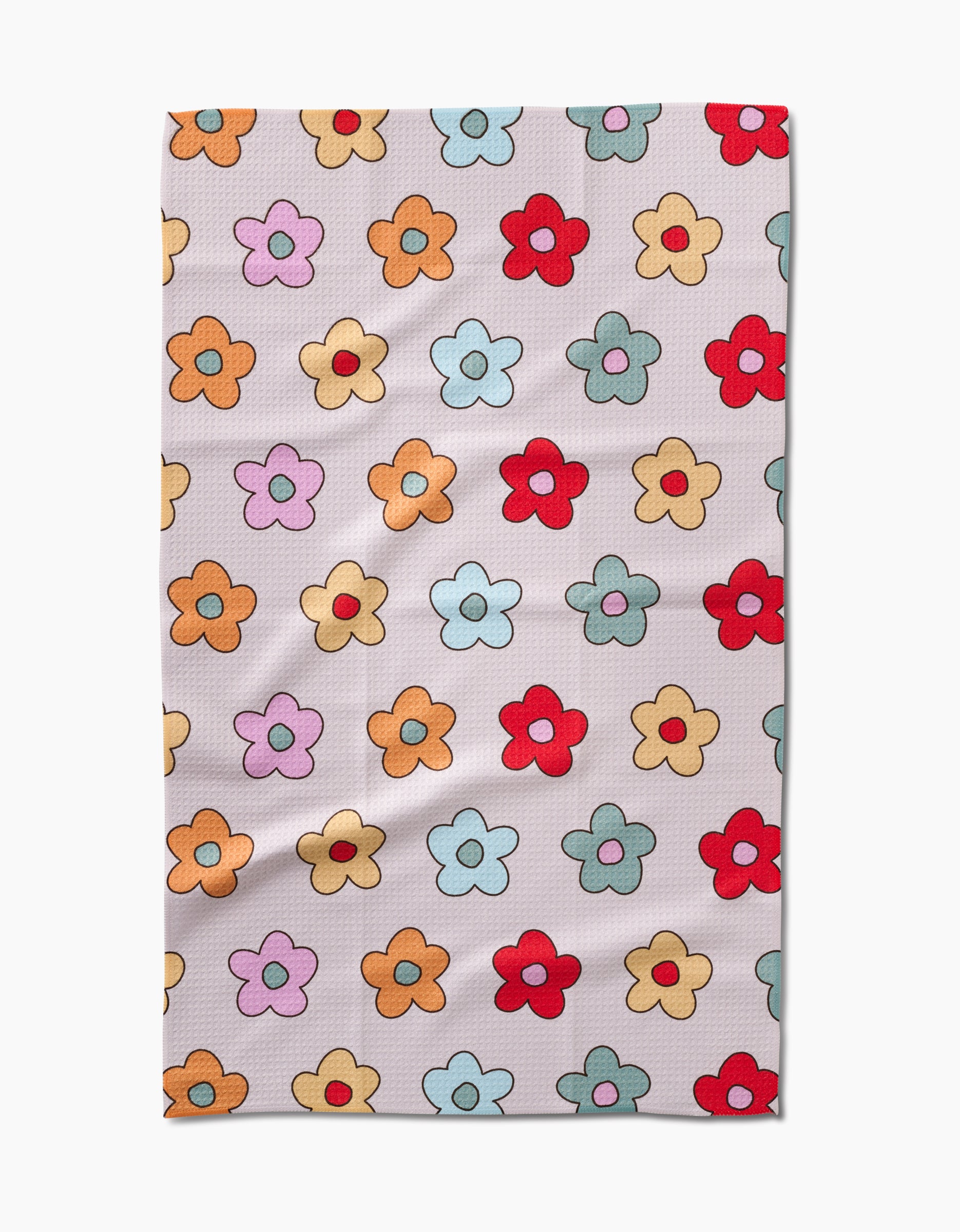 The Purely Kaylie Buttercream Blossoms Tea Towel showcases colorful, simple flowers in neat rows on a light background. Made from ultra-absorbent Geoweave™ fabric, it brings both vibrant style and function to your kitchen.