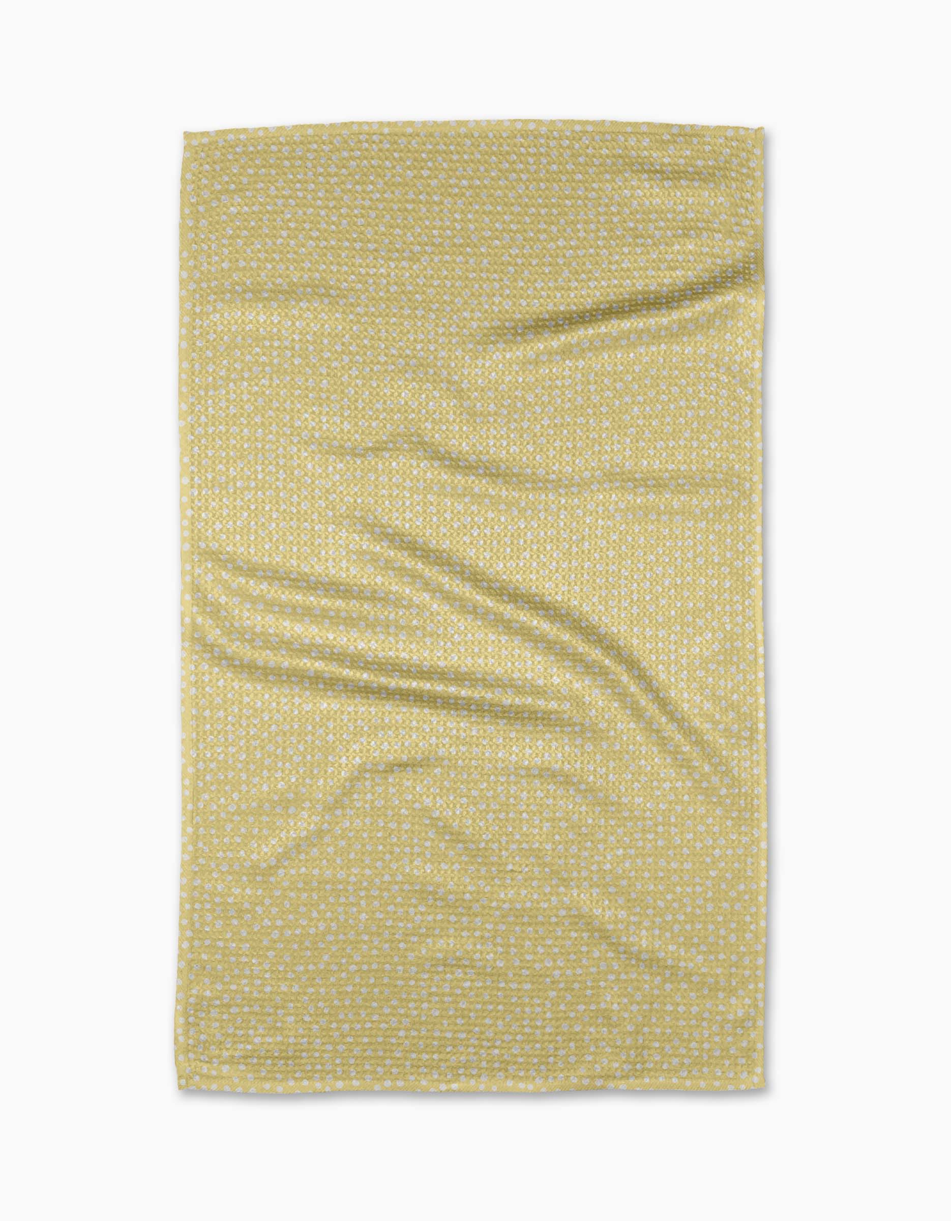 A rectangular yellow GEOMETRY Buttermilk tea towel made from recycled materials features a small white geometric pattern and is shown flat on a white background with slight wrinkles.