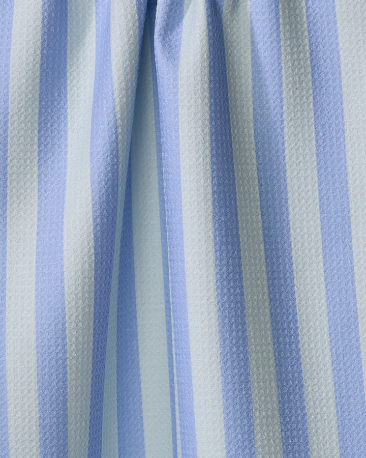 Cabana Boy - French Blue Mint by The Buy Guide features light blue and white vertical stripes on textured recycled fabric—perfect for an ultra-absorbent tea towel with soft folds and gentle shadows.