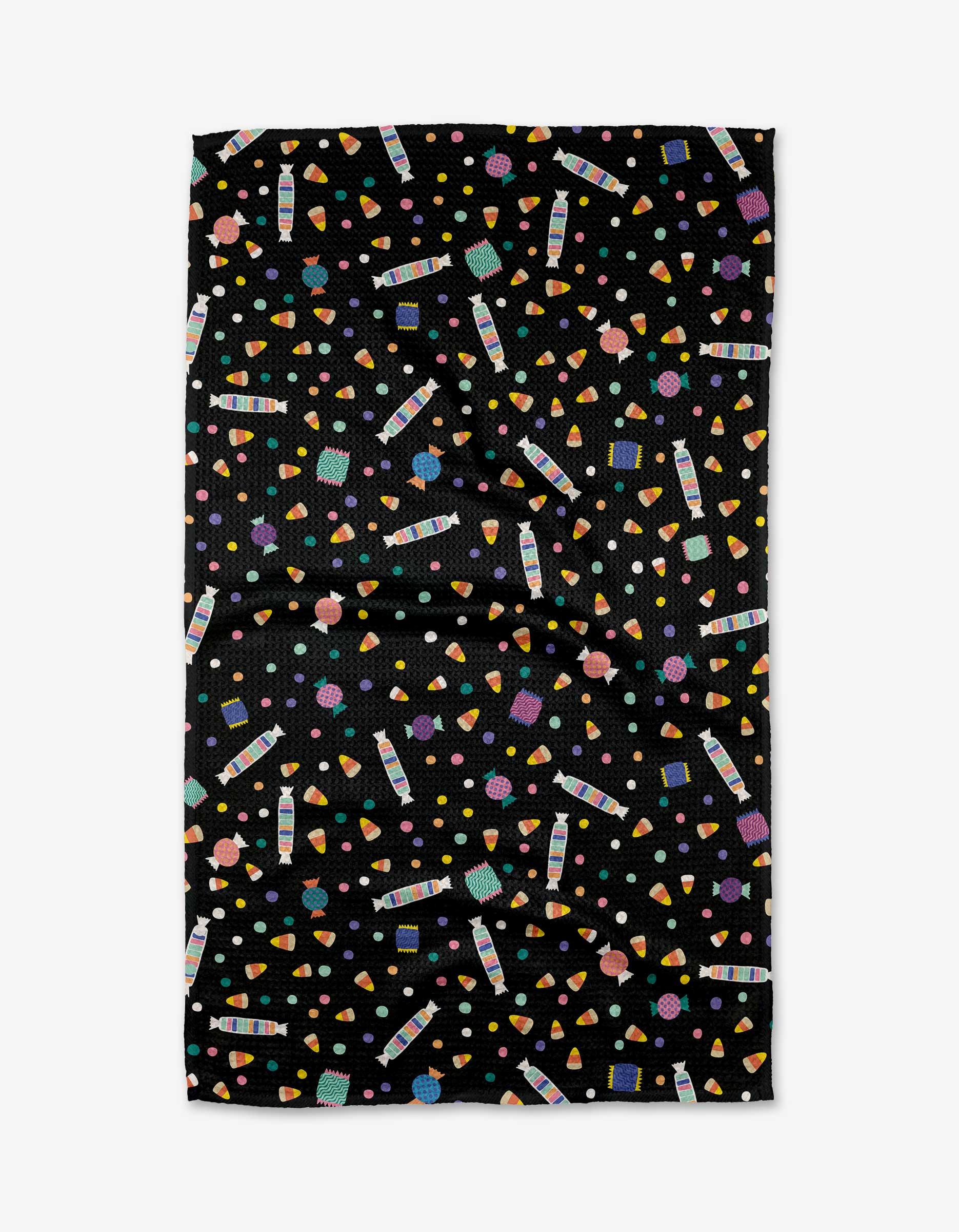 The Candy Rush tea towel by Rebecca Bobko features a colorful, playful pattern of geometric shapes, candy corn, and wrapped candies. Made from ultra-absorbent fabric, it’s perfect for quick cleanups and brightens any kitchen.