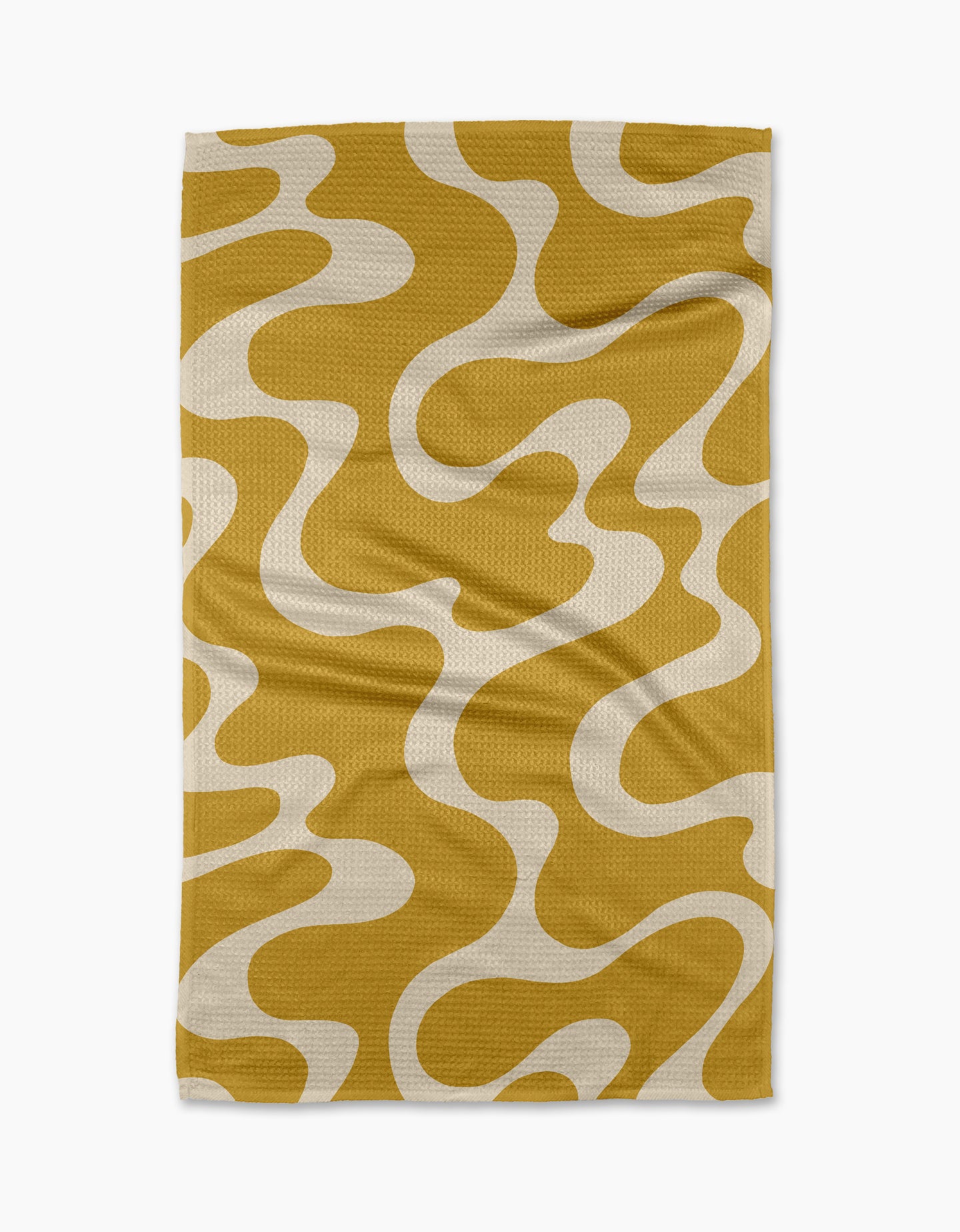 The Gerdadzy Caramel Swirl tea towel features a yellow base with abstract white wavy patterns of soft curves and organic shapes. Ultra-absorbent, it has a slightly textured surface with gentle wrinkles for a stylish kitchen touch.