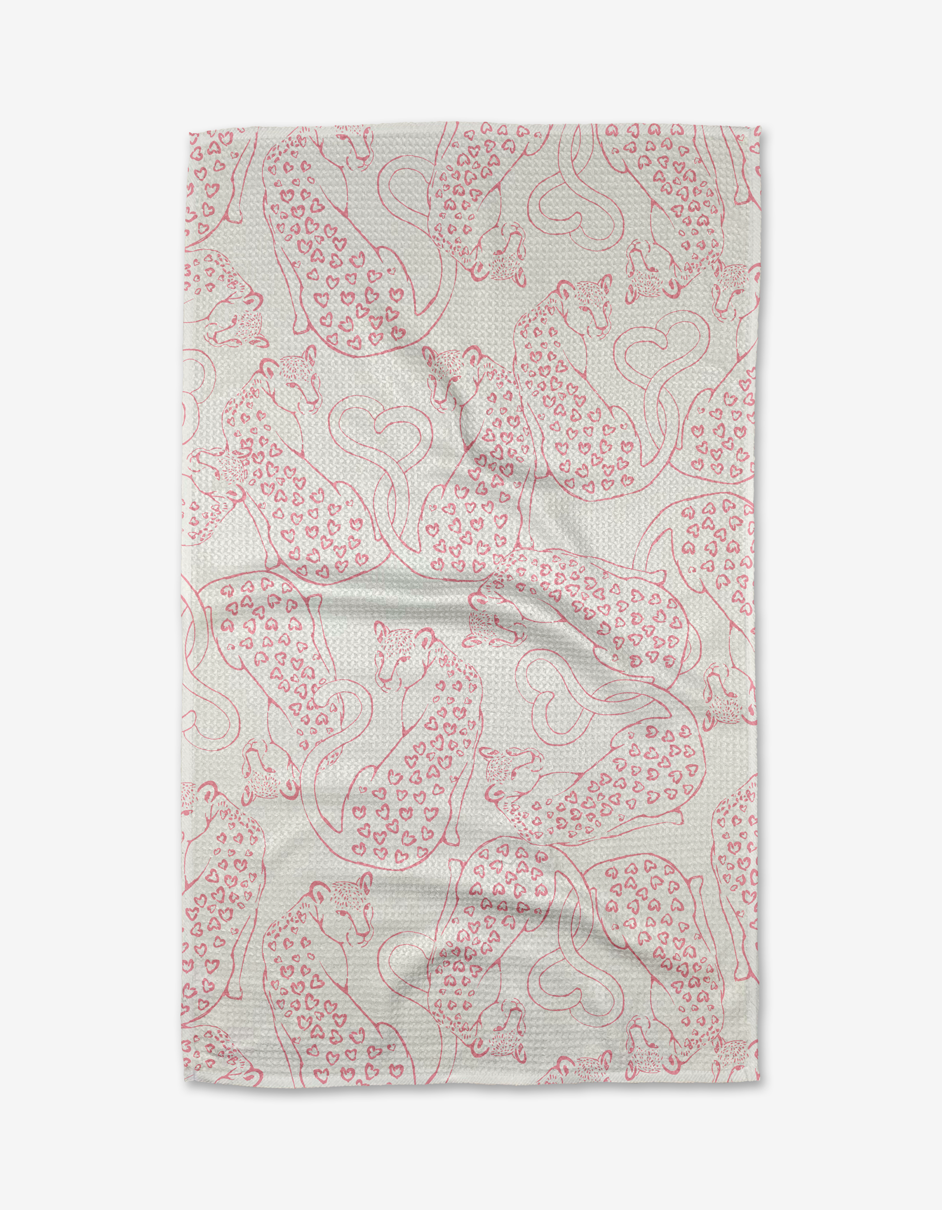 The Cat Lover tea towel by Hufton Studio is a white Geoweave cloth with red line-drawn cats and heart shapes in playful poses, shown slightly wrinkled against a white background.