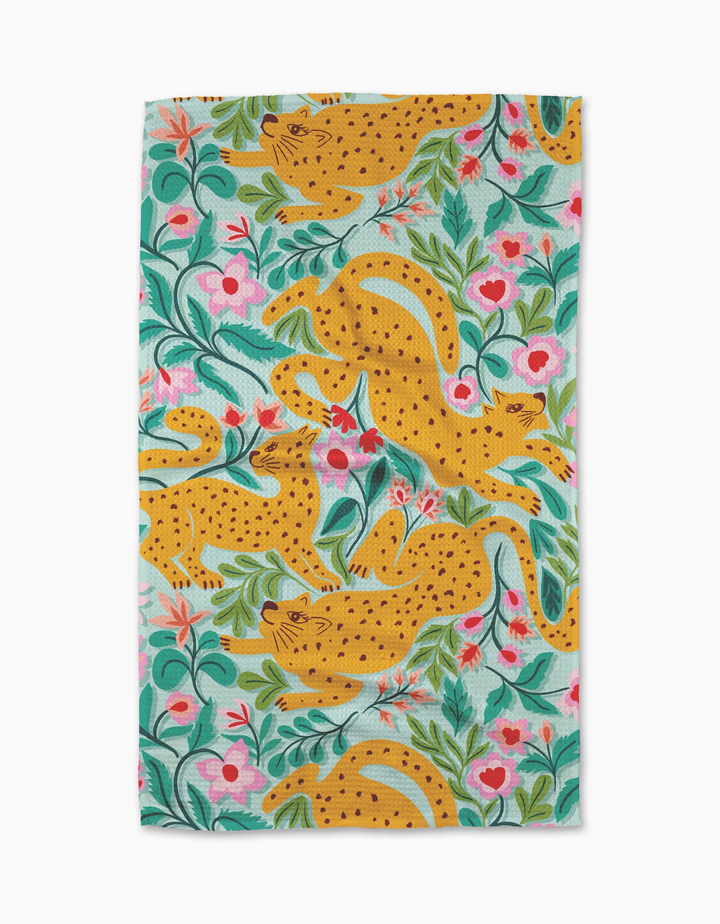 Cheetah Haven by Jasmine Blooms Designs is a quick-drying tea towel made from recycled materials, featuring yellow cheetahs with black spots among green leaves and pink flowers on a white background.