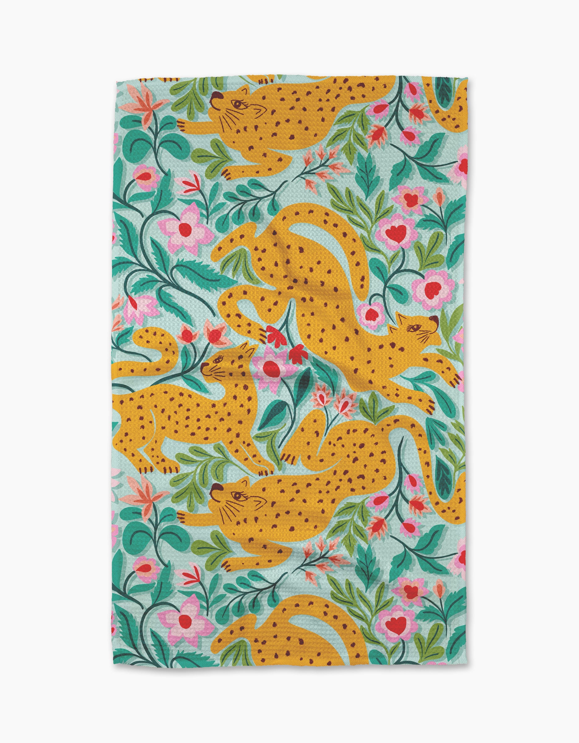 Cheetah Haven by Jasmine Blooms Designs is a quick-drying tea towel made from recycled materials, featuring yellow cheetahs with black spots among green leaves and pink flowers on a white background.