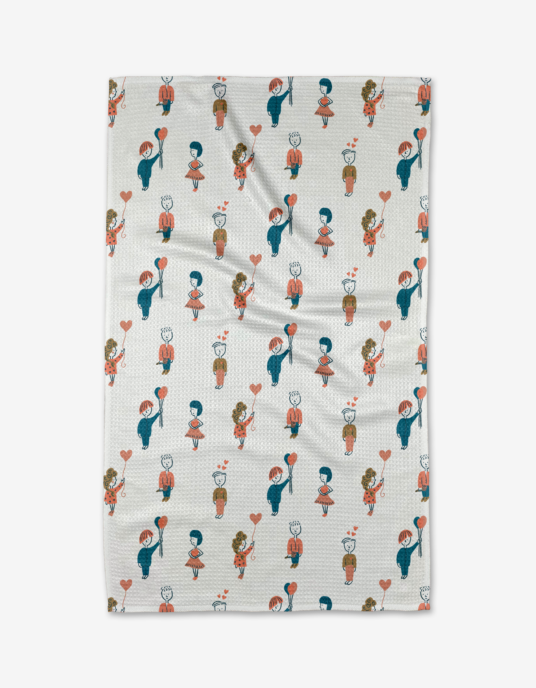 The Cheri kitchen towel by Amy MacCready features cartoon girls with hearts and potted plants in blue, red, and brown accents on textured white fabric—a cheerful addition to your kitchen décor.