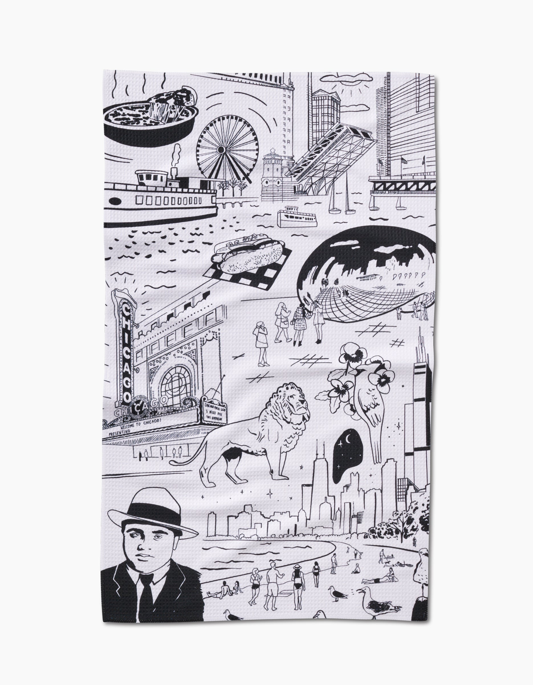 The Chicago Tea Towel by Elisabeth Wing features black line drawings of iconic city landmarks on white Geoweave fabric, capturing scenes with people and buildings, including the Bean, Ferris wheel, deep dish pizza, lions, skyline, and more.