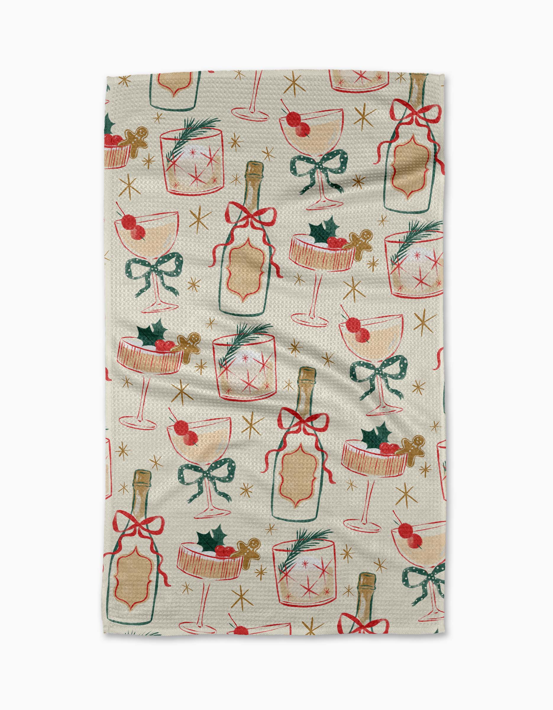 Brighten your holiday kitchen with Louise Pretzel's "Christmas Cocktails" recycled towel, featuring bottles with bows, cocktail glasses, holly, and gold stars in festive red, green, and gold on a light background.