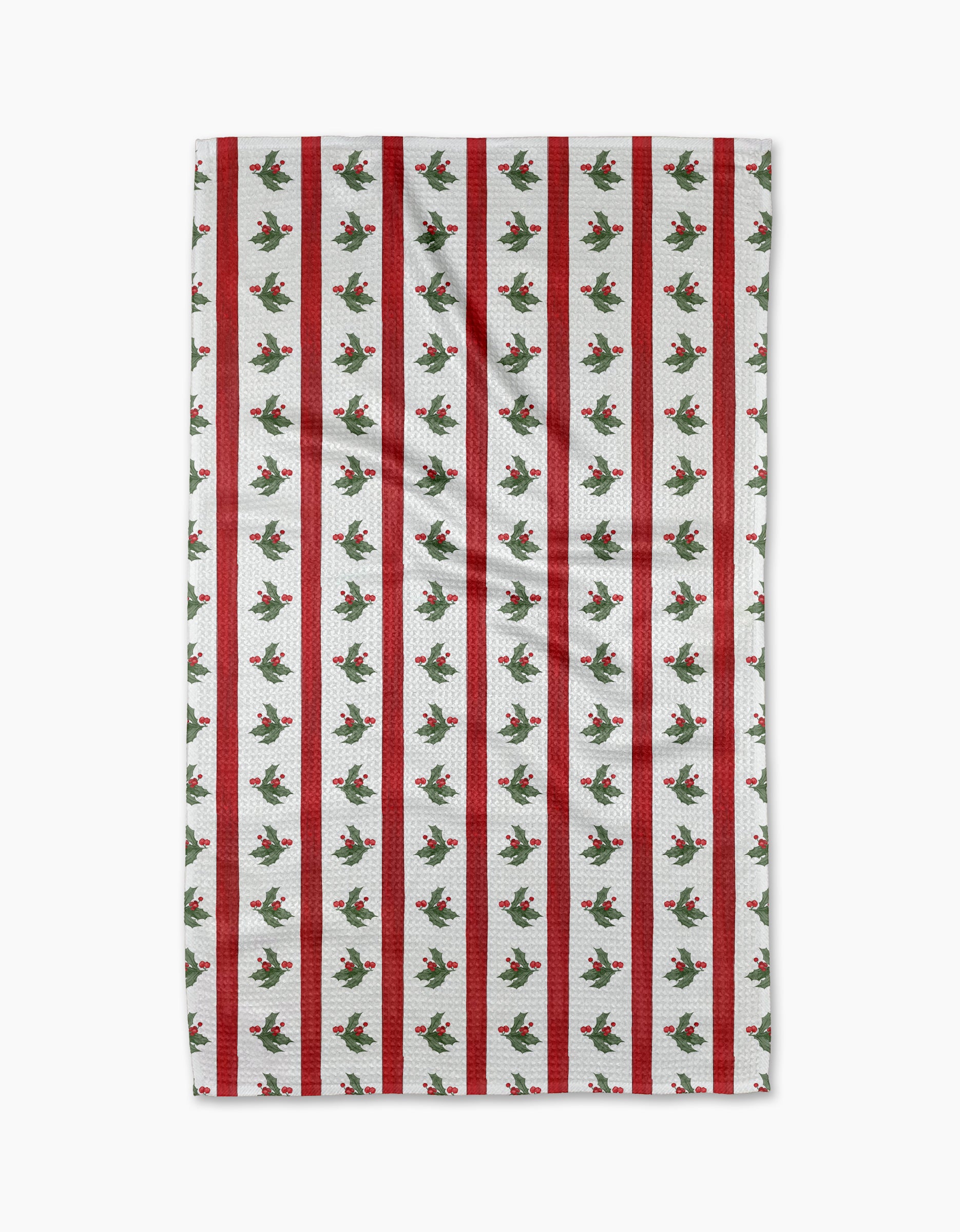 The Aubrey Fairchild Christmas Holly Stripe is a white kitchen tea towel with vertical red stripes and a repeating holly pattern, made from recycled materials.