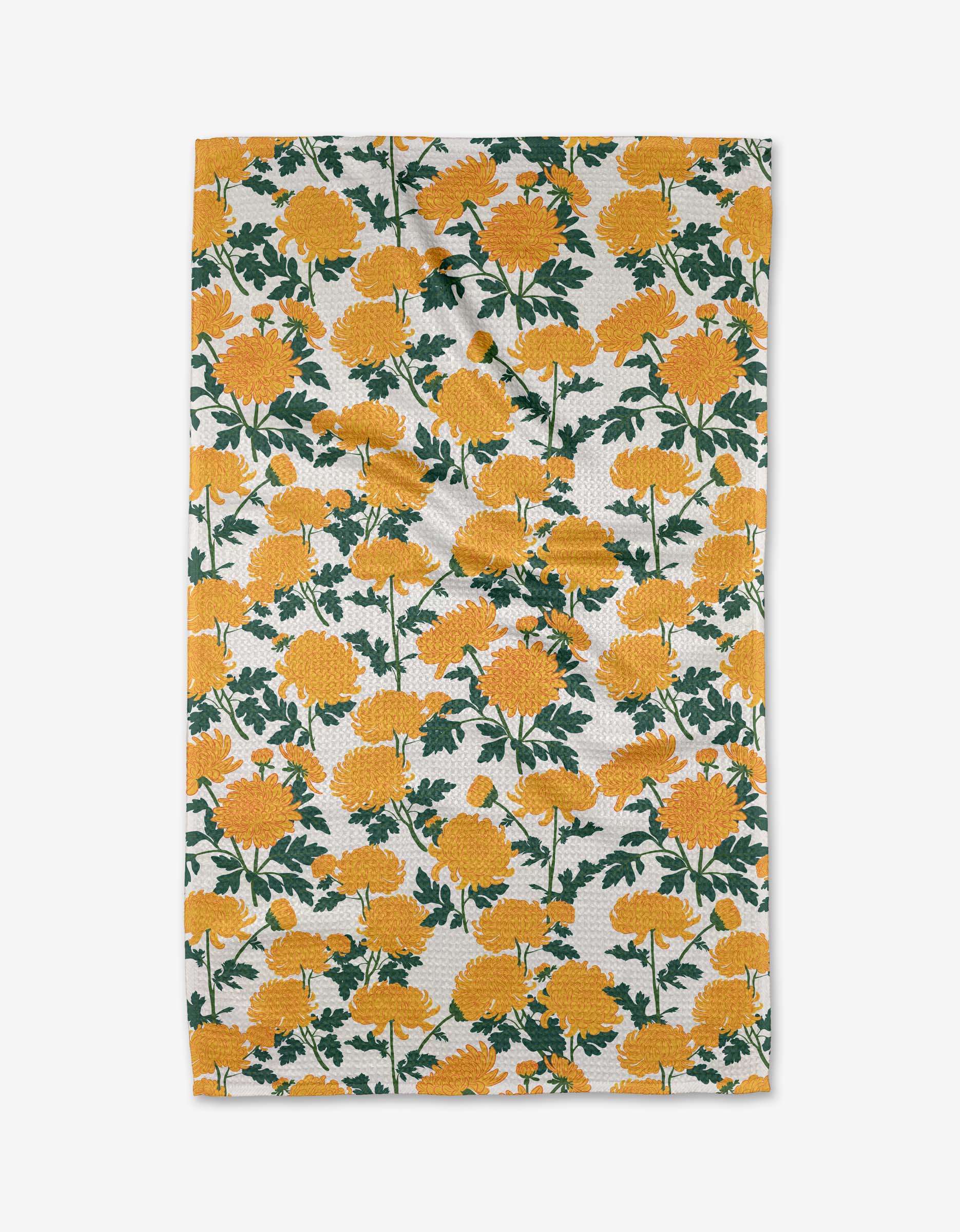 The “Chrysanthemum” tea towel by Vaishali Design Studio features yellow chrysanthemum flowers with green stems on white, bringing charm and absorbency to any kitchen.