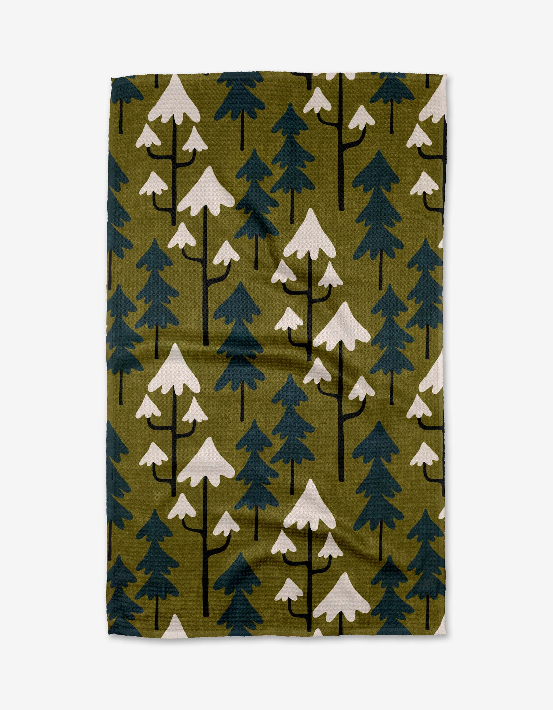 Clarence Green by Amy MacCready: an olive green rectangular kitchen towel with a repeating pattern of dark green pine trees with white snow-tipped tops in various sizes, crafted from recycled materials.